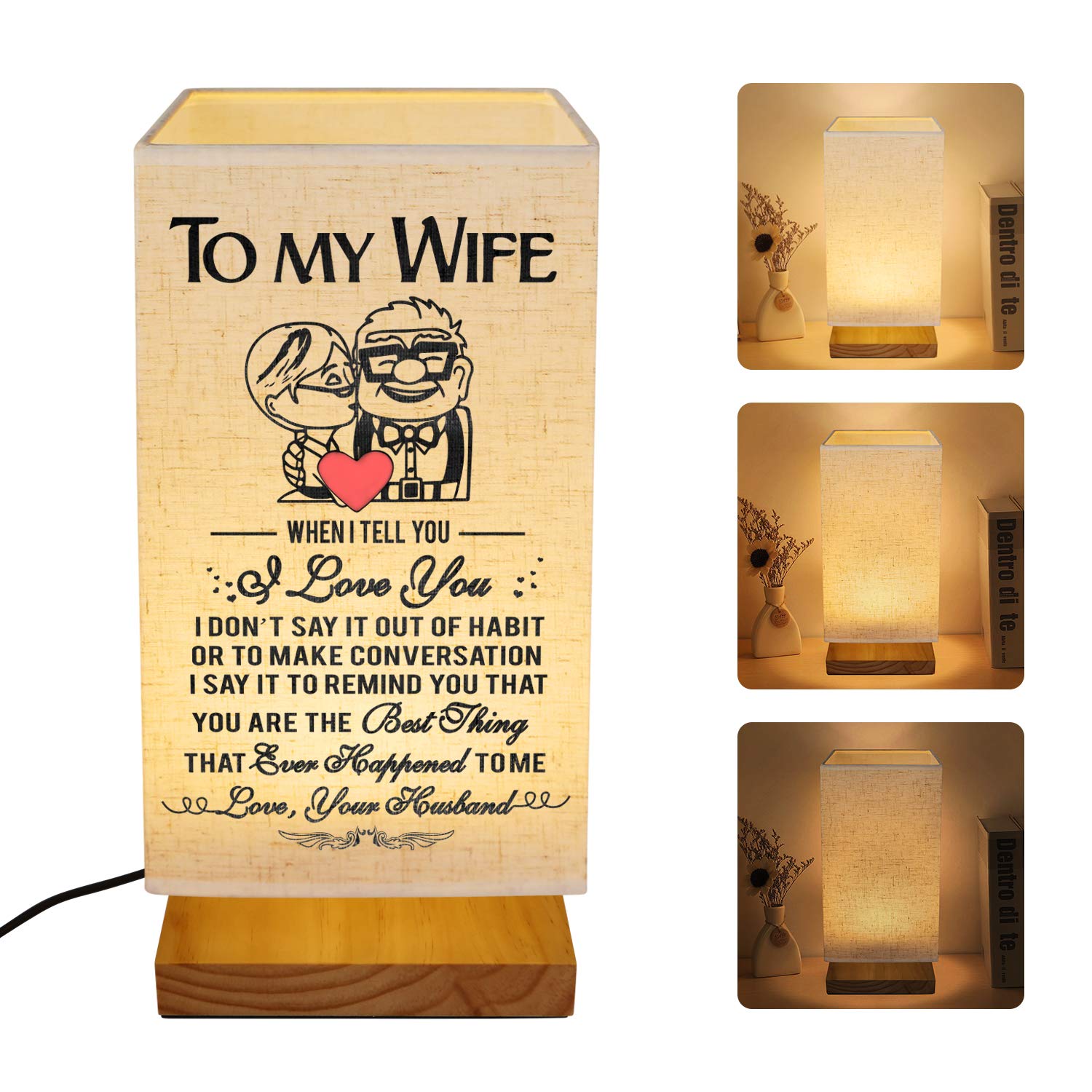 Photo 1 of Customized Engraved Bedside Table Lamp - Modern Square Fabric Nightstand Lamp for Wife Valentine's Birthday Christmas Gifts (for Wife)