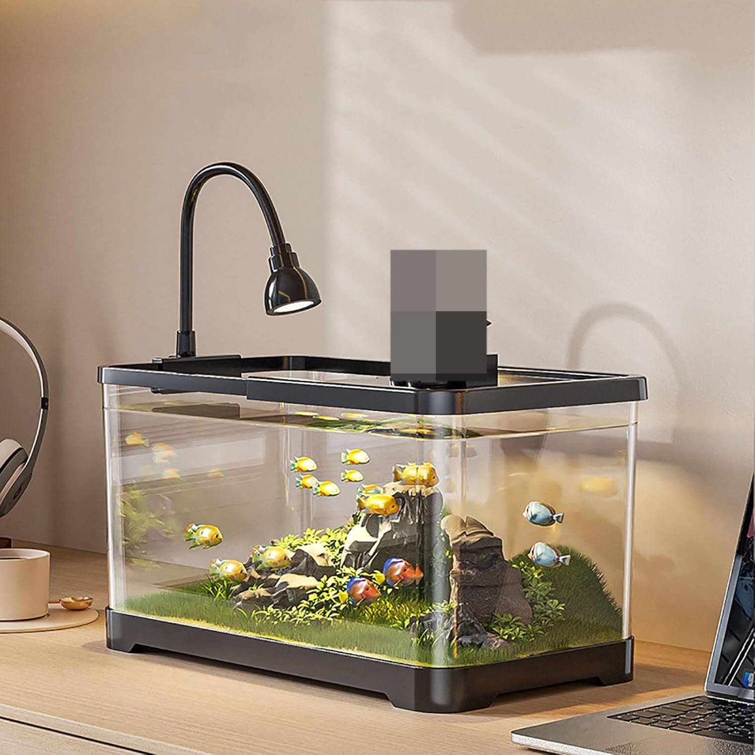 Aquarium Desktop Set, Ultra-Clear Starter Tank, Small Fish Tank, Self Cleaning System Fishbowl for Beginners Starter Kit Keeping Betta Shrimp(Black,Small)