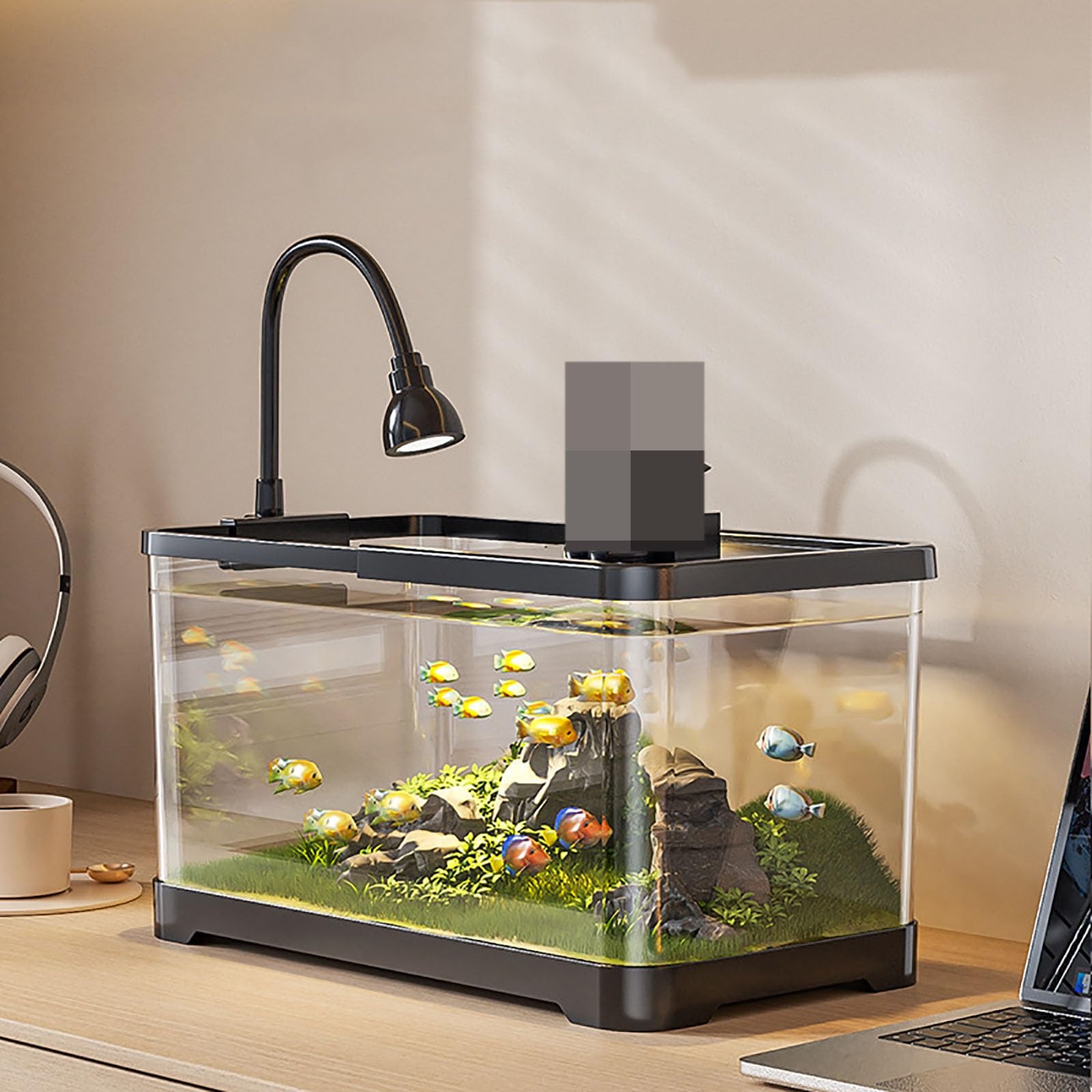 Set da scrivania per acquario, serbatoio di avviamento ultra trasparente, piccolo serbatoio per pesci, sistema autopulente, per principianti, kit per mantenere gamberetti Betta (nero, piccolo)