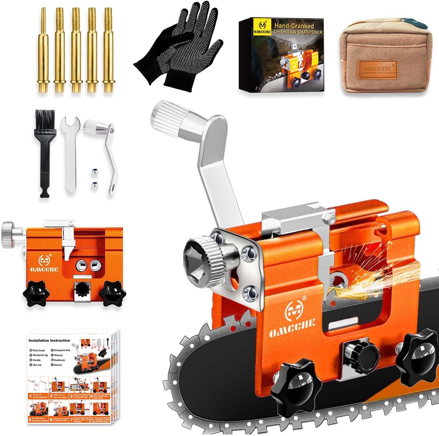 OMCCHK Chainsaw Sharpener, Chainsaw Sharpener Jig , Chain Saw Sharpener Tool with 5 PCS Sharpening Burrs, Portable Hand Crank Chainsaw Sharpening Kit for 4"-22"Chain