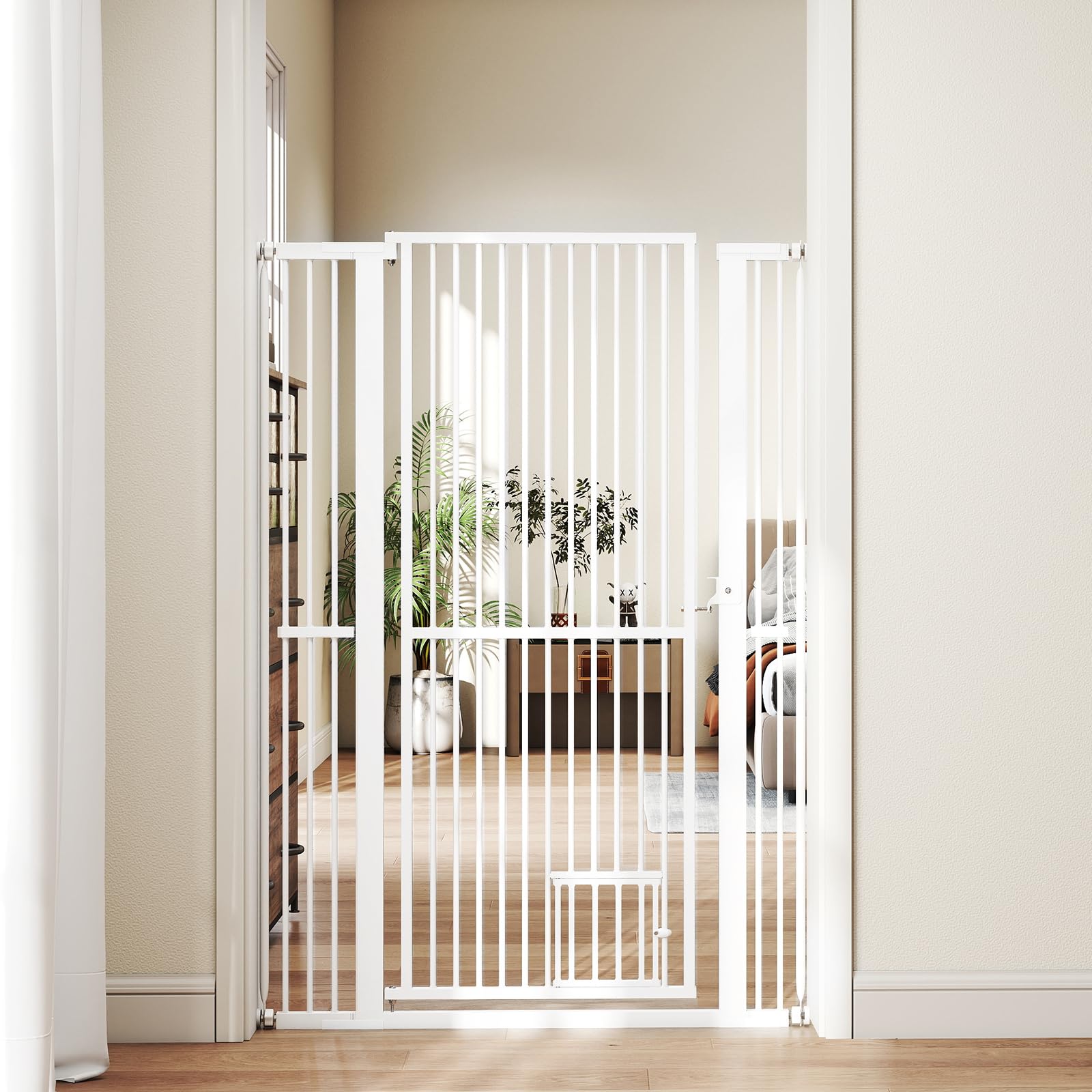 GOPLUS Barrera de Seguridad de Mascotas de Metal Ajustable, Puerta Extra Alta de 150 cm para Gatos con Ancho Ajustable de 77-104 cm, 2 Kits de Extensión, Diseño Bloqueable, Barrera para Perros