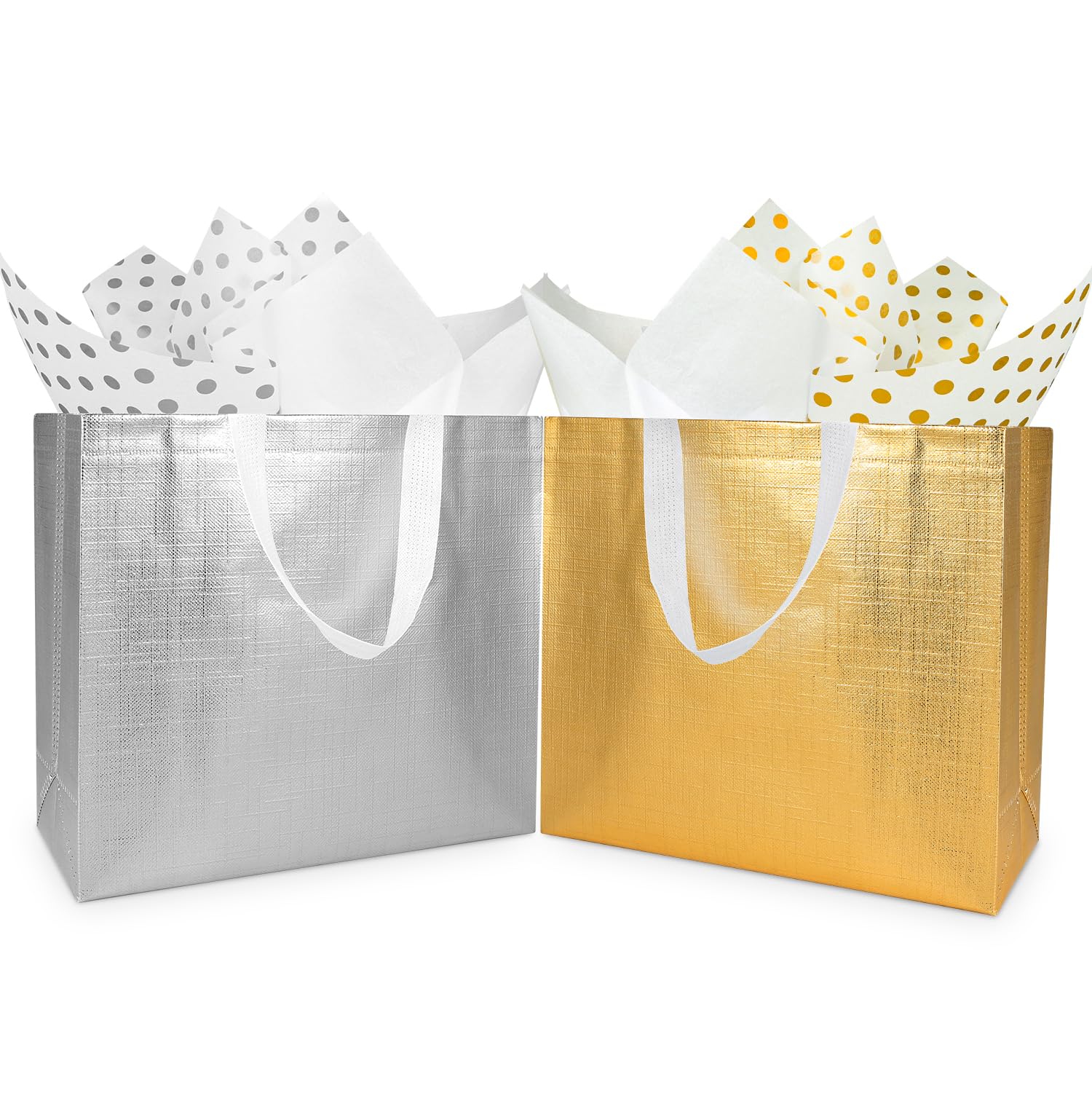 18 Pcs Large Gold Silver Gift Bags Bulk with Tissues Paper,Shiny Reusable Gift Bags With Handles -Perfect as Metallic Glossy Non-Woven Bags for Presents, Wedding, Bridesmaid，Birthday 12.7 x 4.7 x 11