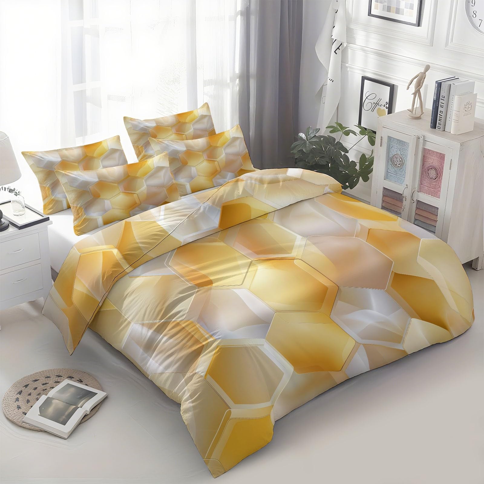 Nowoczesna abstrakcyjna geometryczna poszwa na kołdrę z mikrofibry szczotkowana poliester, zestaw pościeli 140 x 200 cm, hipoalergiczny, odporny na zmarszczki, miękki, lekki łatwy w pielęgnacji Żółty