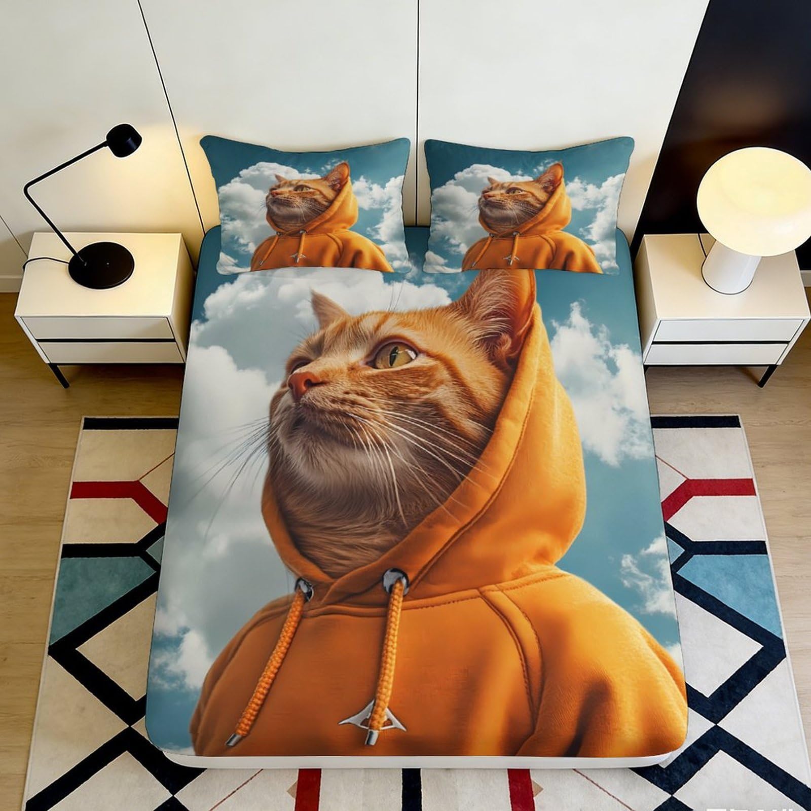 3D Printed Cat Hoodie Orange Fitted Sheet Microfiber Soft Breathable Cloud Sky Mattress Cover for Bedroom Dorm Bed Decor 90x200x25cm