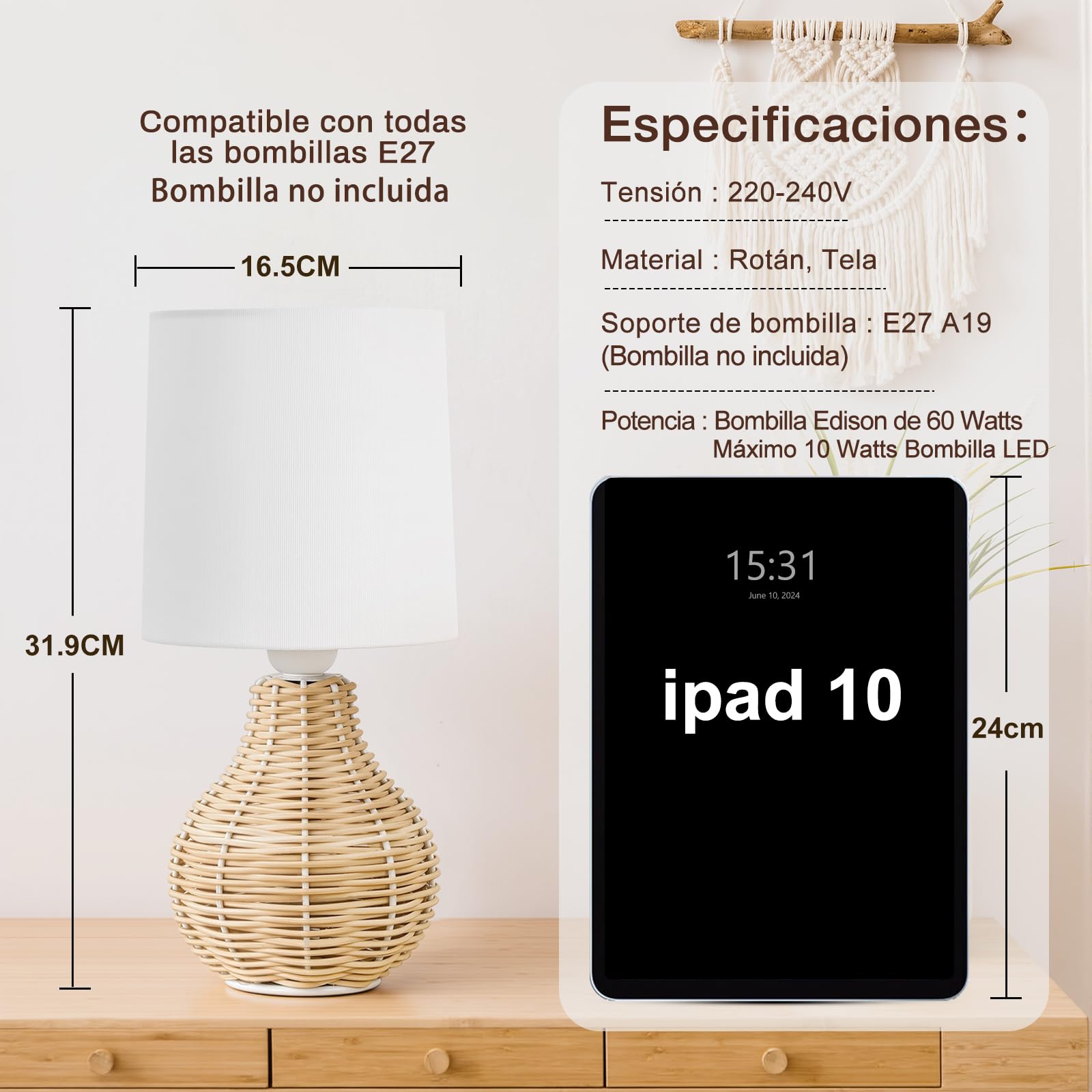 GyroVu Juego de 2 lámparas de mesa bohemias, lámparas de mesita de noche, de ratán, pequeñas lámparas para decoración rústica del hogar, dormitorio, mesita de noche, sala de estar, escritorio de