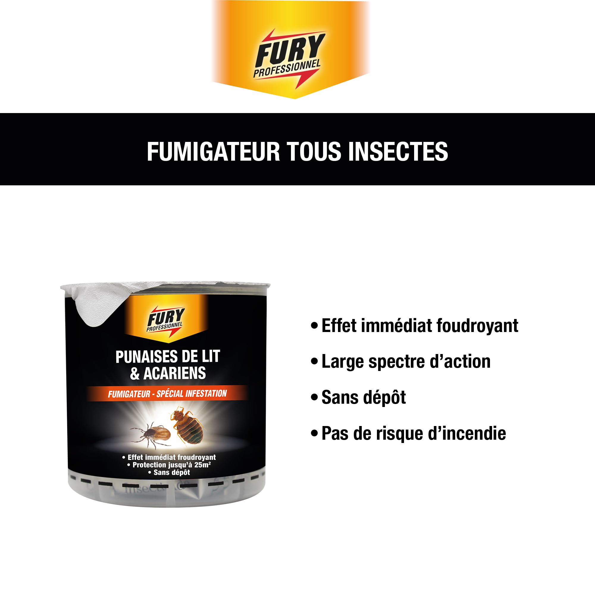 FURY - Fumigateur punaises de lit & acariens - Diffuseur spécial infestation - Effet immédiat - Protection jusqu'à 25m² - Sans gaz propulseur - Sans traces - Fabrication Française