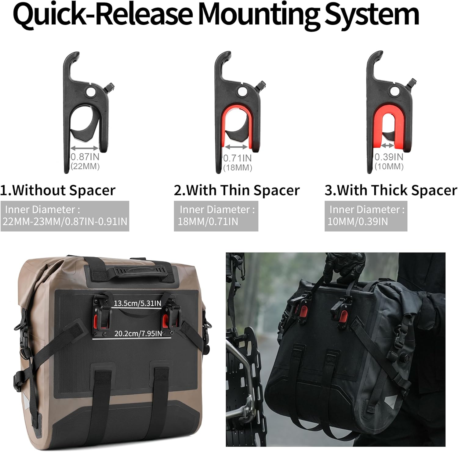 Rhinowalk Motorcycle Saddle Bag Waterproof Side Bag 24-42L, PVC Roll-Top Side Luggage with Magnetic Closure, Lightweight Rear Rack Pannier Bag with Reflective Logo (Brown, 1pair)