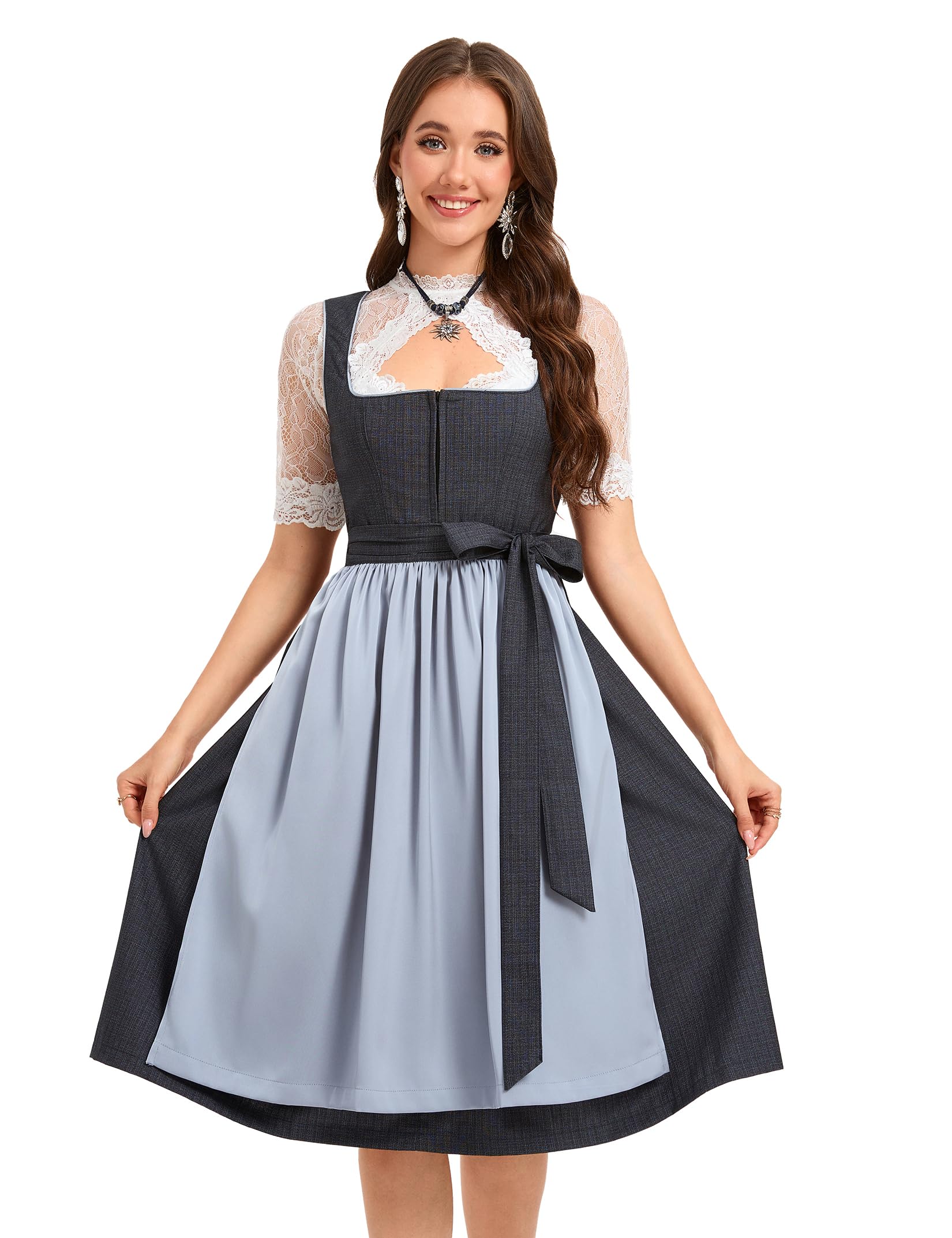YesFashion Dirndl Damen Set 3tlg. Exklusives Trachtenkleid Jacquard, Schürze und Spitzenbluse Midi Dirndl für Oktoberfest
