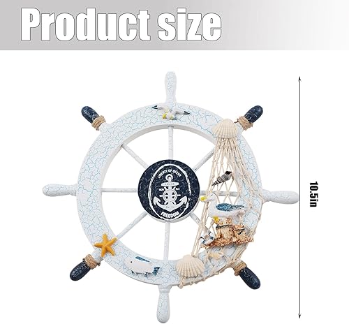 Miniatura 2 de Decoración para volante de barco, decoración de pared de timón de madera de 11 pulgadas, adornos de playa con red de pesca, patrones de gaviota,