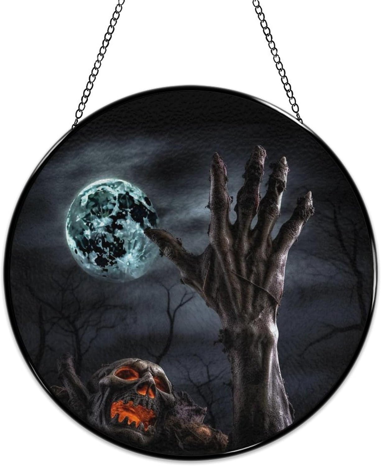 Stained Glass Window Hanging 30x30cm Window Suncatcher Glass Panel with Metal Chain Zombie Hand Dark HalloweenSun Catchers Wall Art Home Decor Gift for Women Mother's Day