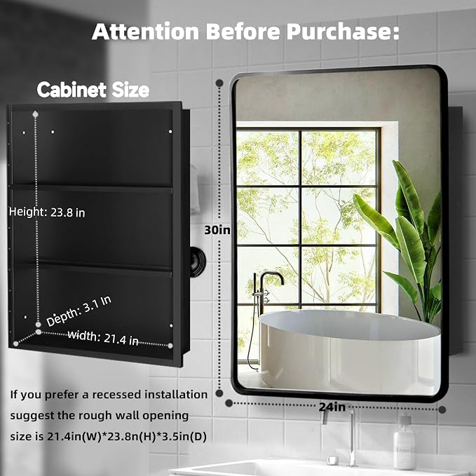 Botiquín de baño 24 x 30 pulgadas marco negro de aluminio miniatura 2