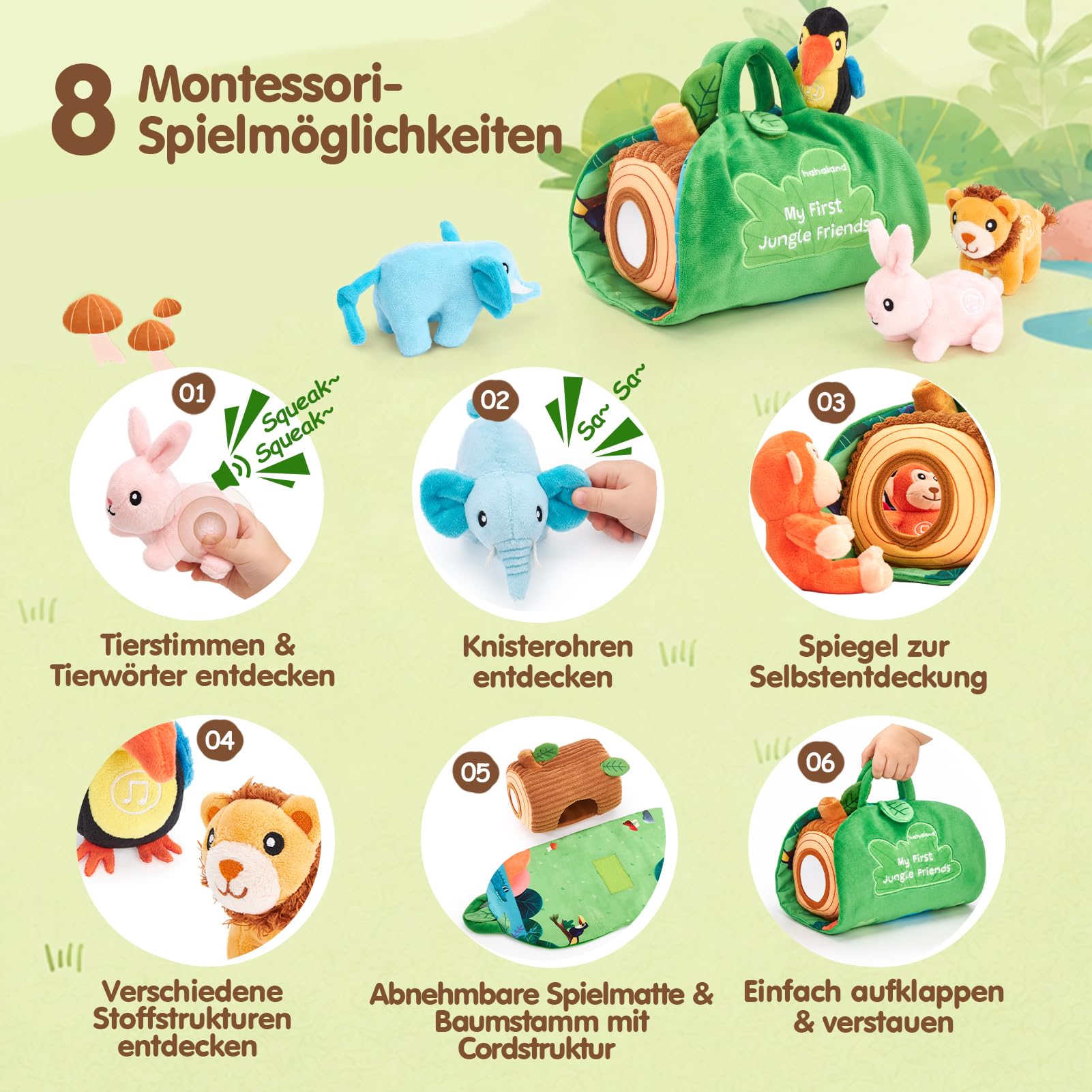 hahaland Montessori Spielzeug Baby 6-12 M, 6 Dschungeltiere mit Tierstimmen | Mit englischen Tierwörtern, Baumhaus & Spielmatte, Baby Spielzeug 6 Monate, fördert Sensorik & Feinmotorik, Baby Geschenk