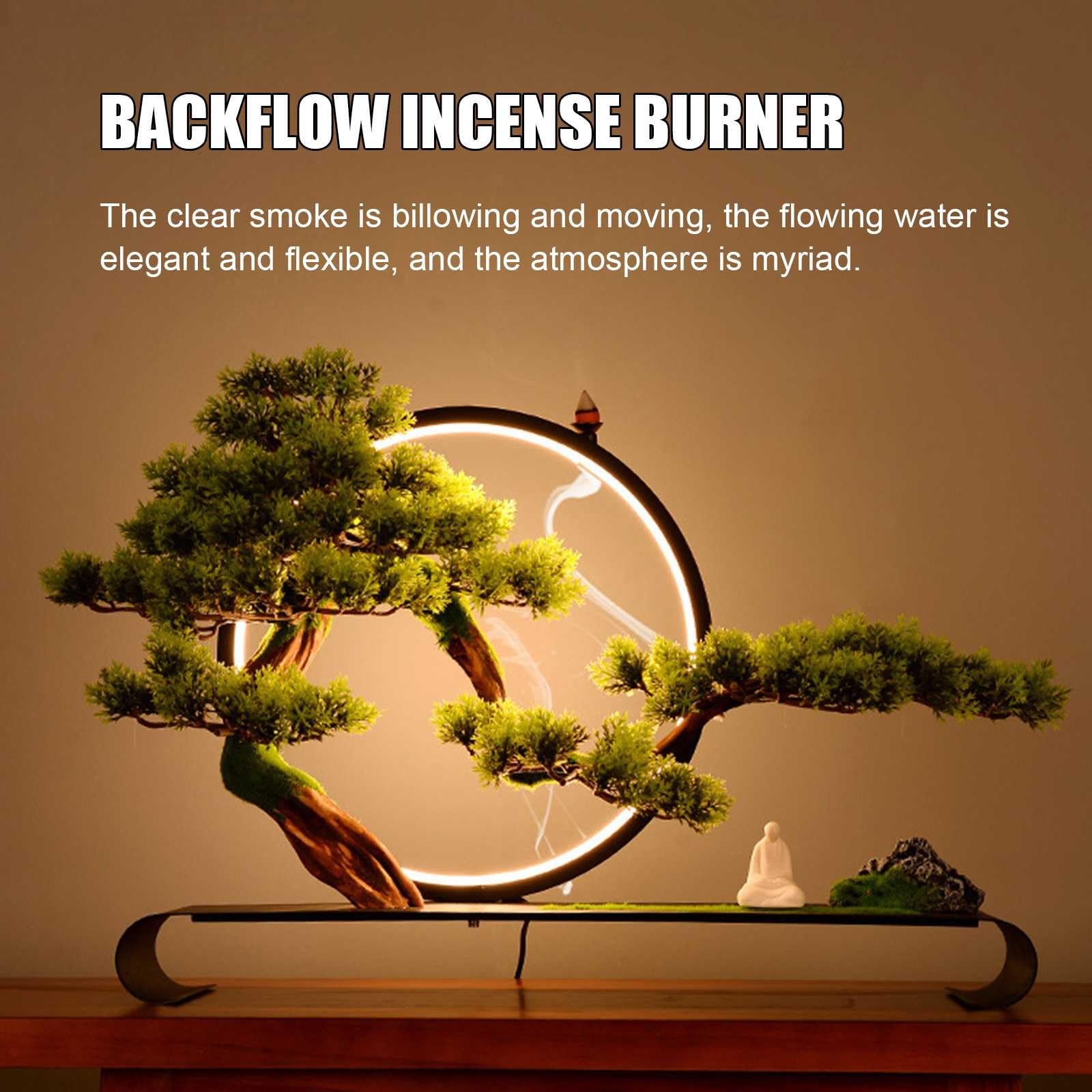 Sztuczne drzewo z pierścieniem lampy, sztuczna doniczkowa sosna powitalna Zen, kadzidło z przepływem wstecznym, realistyczna symulacja bonsai do domowego biura biurka sypialni domu wiejskiego