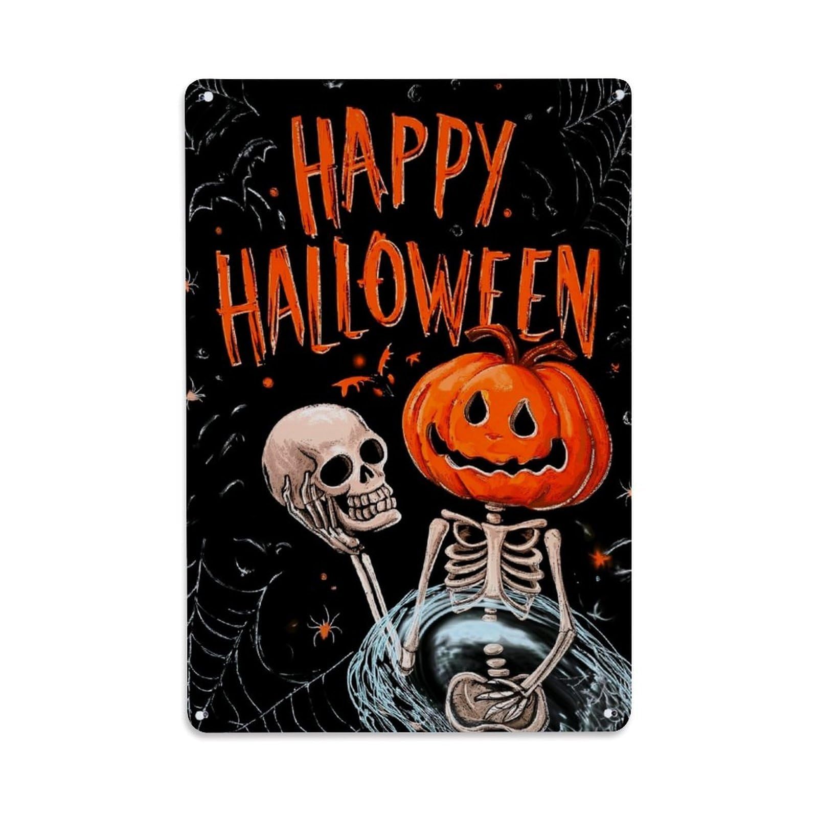 Happy Halloween Skeleton Pumpkin Bat Retro Metal Tin Sign, Vintage Decor Art Poster for Bar, Home, Man Cave, Kitchen, Laundry Room Gift 8x12Inch