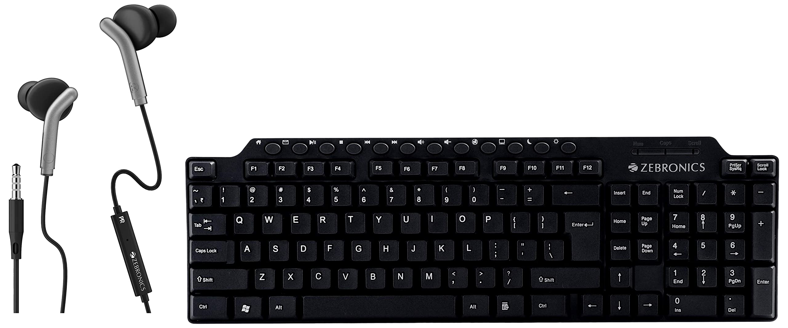 ZEBRONICS ZEB-KM2100 Multimedia USB Keyboard Comes with 114 Keys Including 12 Dedicated Multimedia Keys & with Rupee Key & Zeb-Bro in Ear Wired Earphones with Mic, 3.5mm Audio Jack, 10mm Drivers