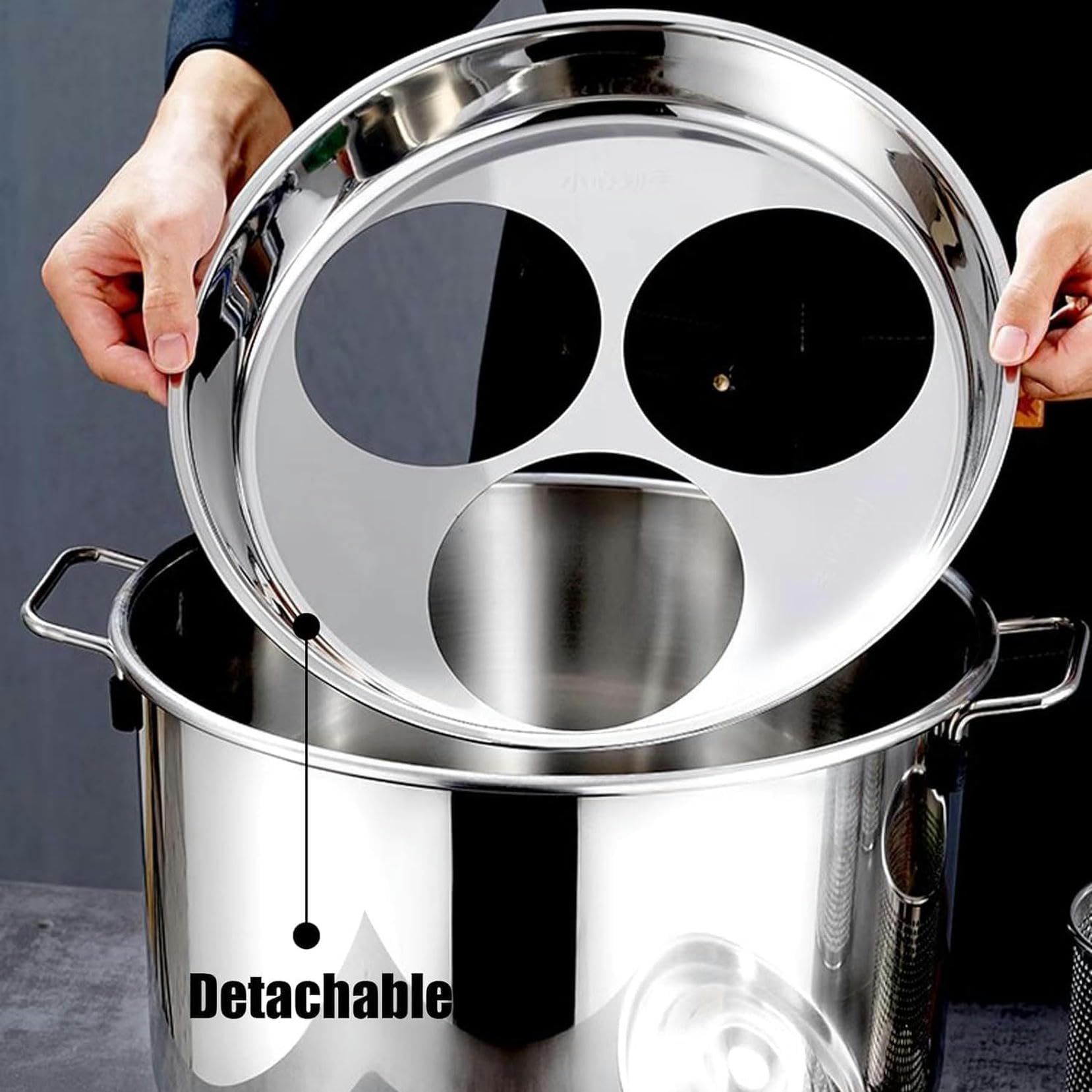 Ollas para pasta, olla para pasta con colador, olla de acero inoxidable para cocinar fideos y verduras, juego de ollas para sopa de 2, 3 o 4 agujeros con tapa, cocina de gas y de inducción (3 agujeros