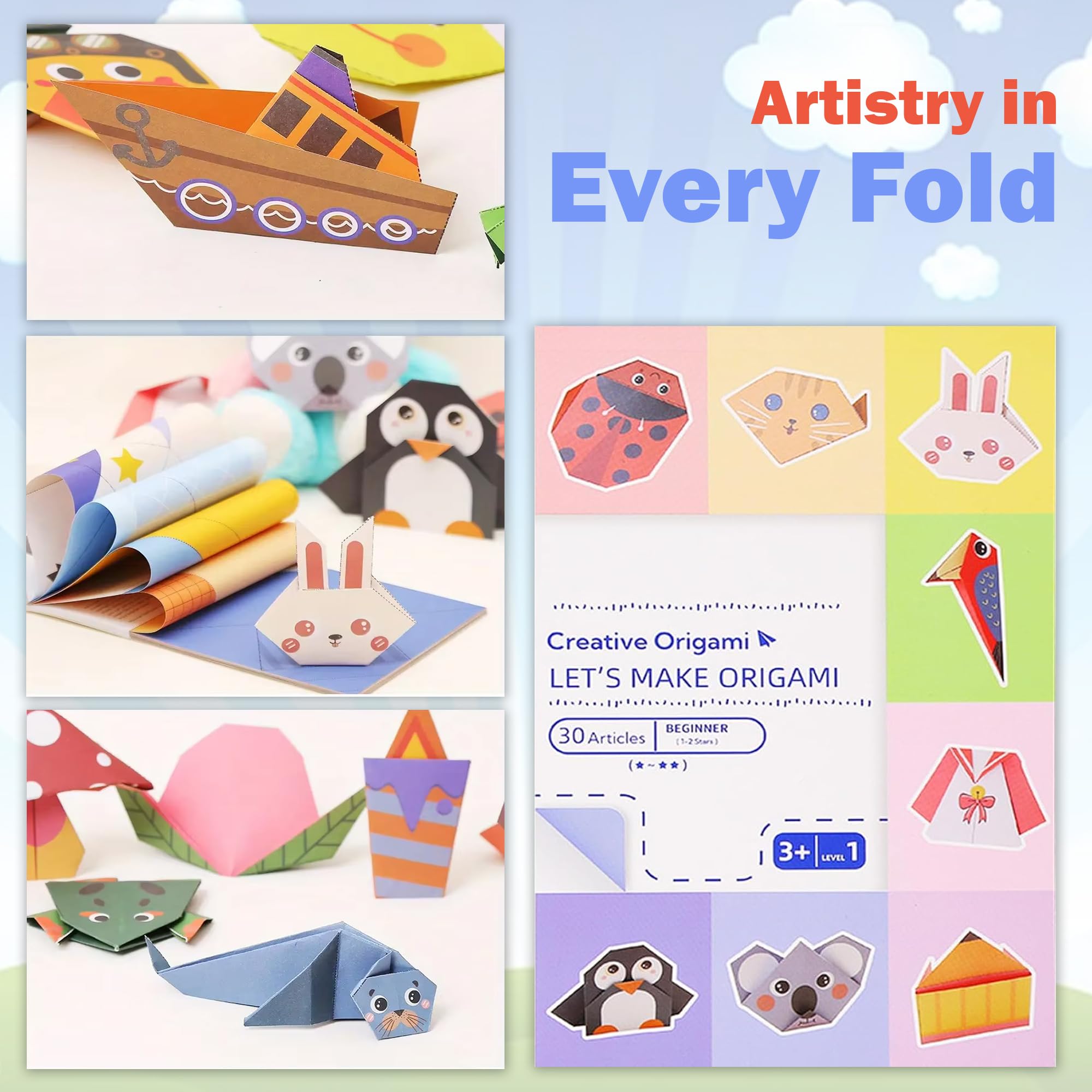 GLUN® Creative Origami Sheets, 30 Different Articles, Advance 4-5 Year Age Group, DIY Kit for Kids, 3D Origami Kit with Origami Book Size (21.5X14 cm) 1