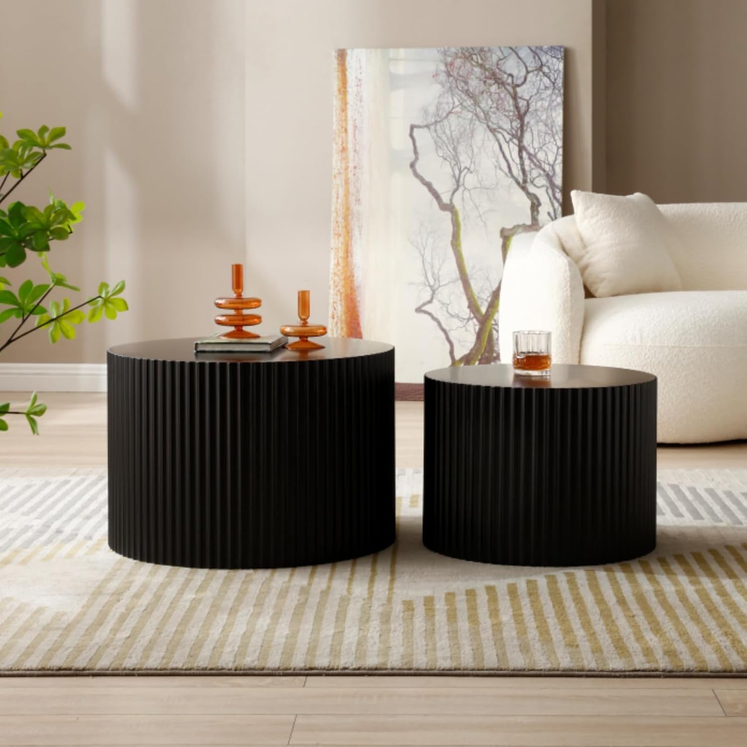 Nesting Coffee Table Set of 2,Matte Black Round Wooden Coffee Tables, Modern Round Coffee Table Accent End Table Set Circle Coffee Table Side Table for Living Room (Matte Black)