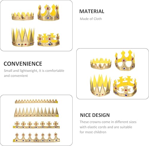 Miniatura 5 de 4 coronas doradas de rey para niños, coronas de disfraz con joyas reales, sombrero de fiesta de cumpleaños ajustable, accesorio de cosplay de
