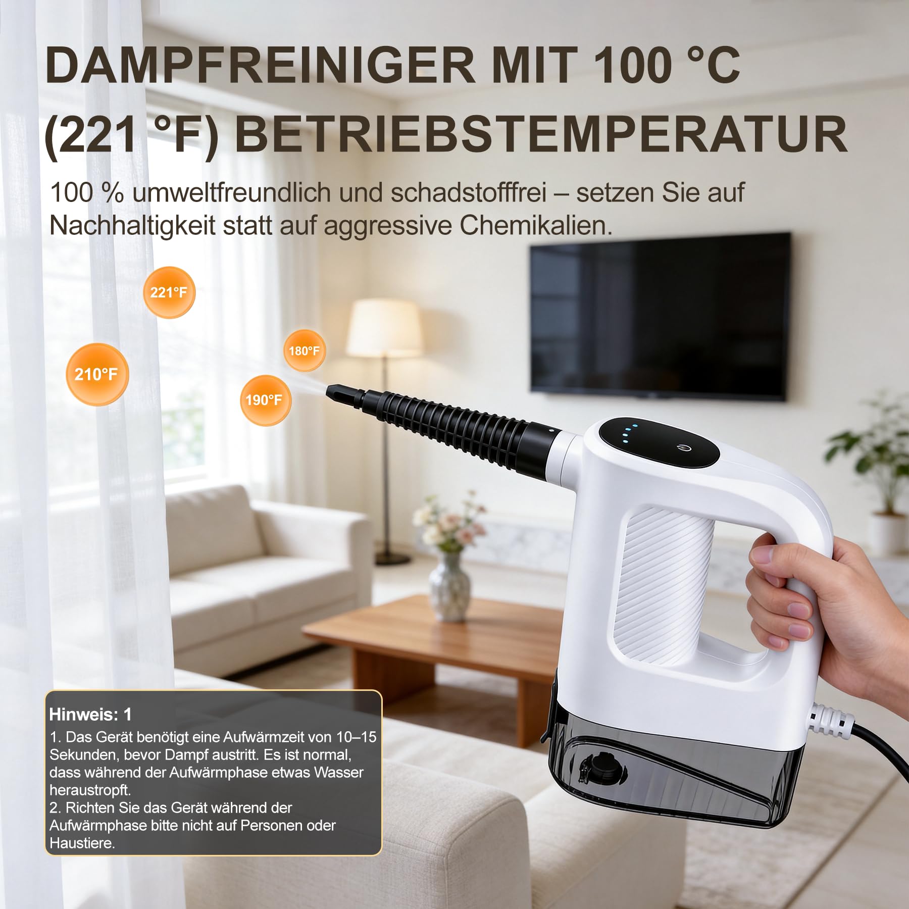 Dampfreiniger Handgerät 1200W, 15S Aufheizzeit, 400ml Tank, chemiefrei