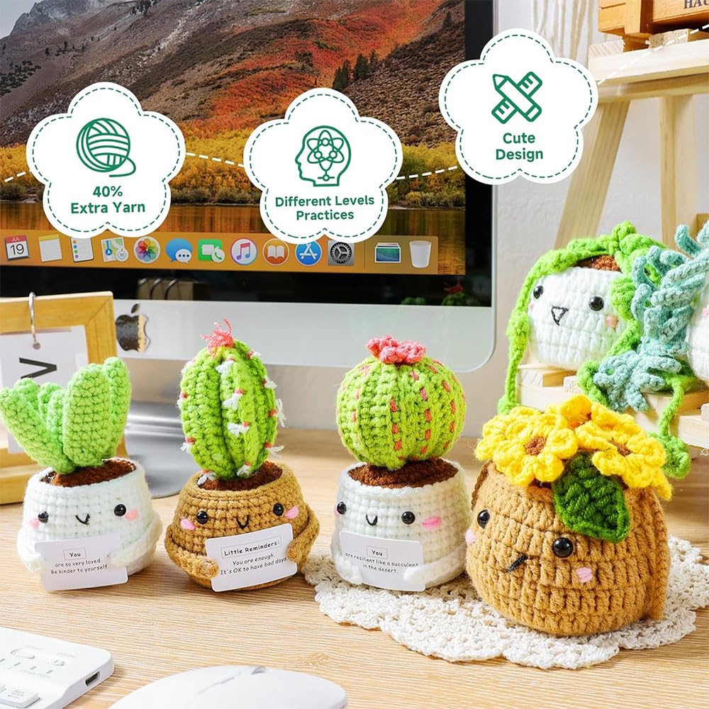Mecmbj Simpatico Kit per Uncinetto con Cactus, Kit per Uncinetto con Vaso per Piante Fatto a Mano da 6 Pezzi, Set per Principianti all'uncinetto per Adulti con Istruzioni Video Passo di Inglese