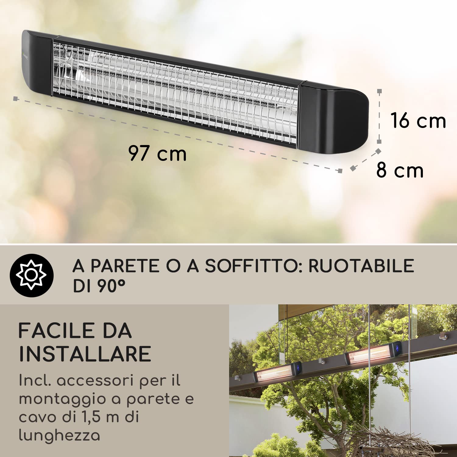 KLARSTEIN Smartwave - Lampada Infrarossi Riscaldante, Lampada Riscaldante a Raggi Infrarossi, IR ComfortHeat, Fibra di Carbonio, 2400 W, Termostato, Controllo con App e Wi-Fi per 7 Dispositivi, Nero