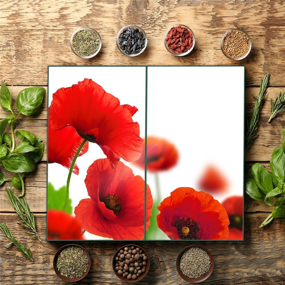 Herdabdeckplatte Abdeckung Ceranfeld Abdeckplatte Schneidebrett 2-Teilig 60x52 Mohnblume Rot Spritzschutz Glasplatte Ceranfeldabdeckung Schutz Herdschutz Sicherheitsglas Glasschneidebrett 2x30x52