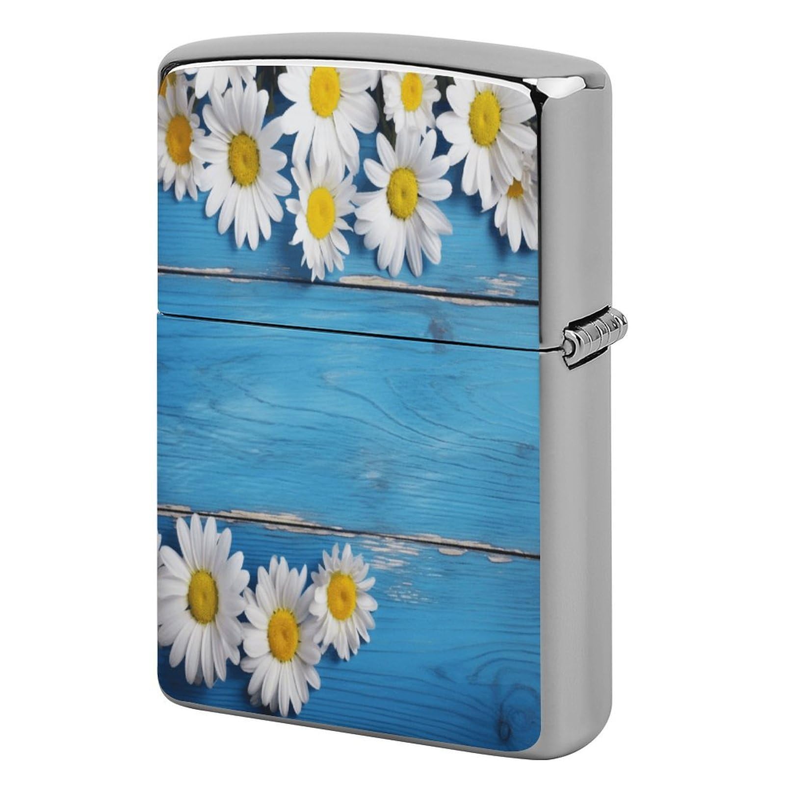 Btcowzrv Style Daisy Flowers Blue Wooden Metal Lighter Case Sleeve Cover Holder