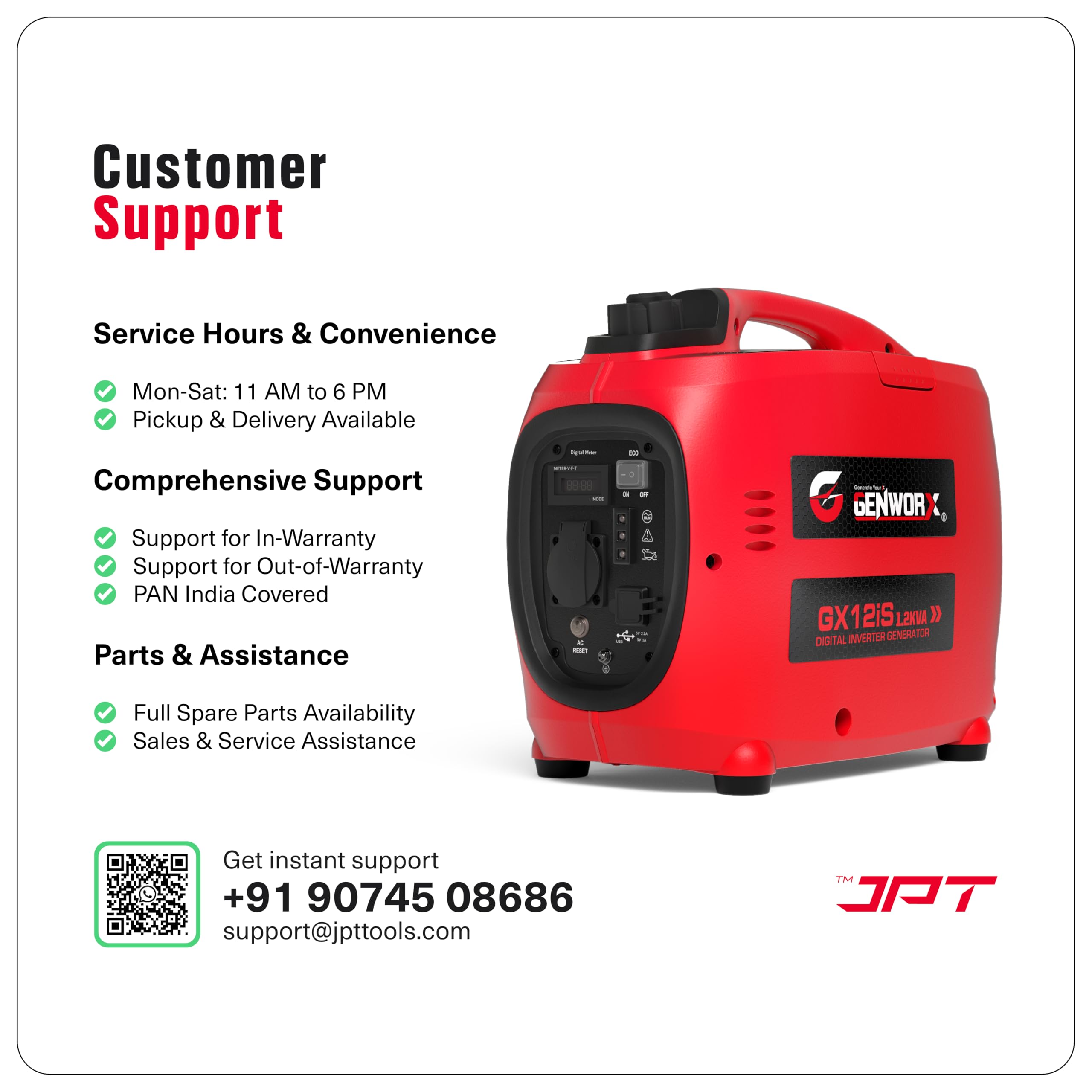 JPT Proseires Genworx 1000W/1.0KW Small and compact Manual Start Inverter Petrol Generator Lightweight, With Advanced Frequency Control, Ideal for Camping, Outdoor Events & Home Backup Power - Image 4 thumbnail
