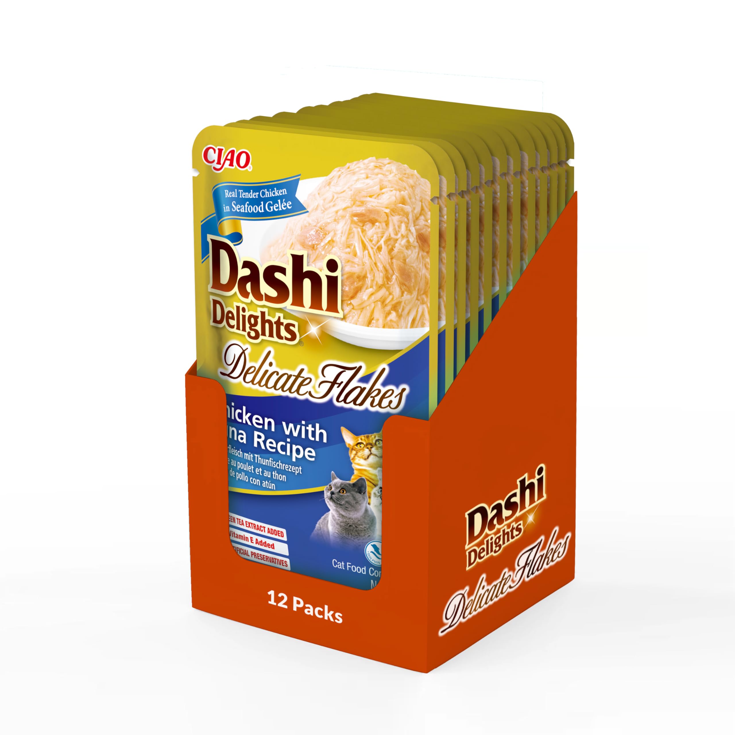 INABA Dashi Delights Delicate Flakes, Wet Food for Cats with Chicken and Tuna, Flakes in Fish Broth, Rich in Protein, Natural Ingredients, Complementary Meal, Value Pack, 12 Packs of 40g