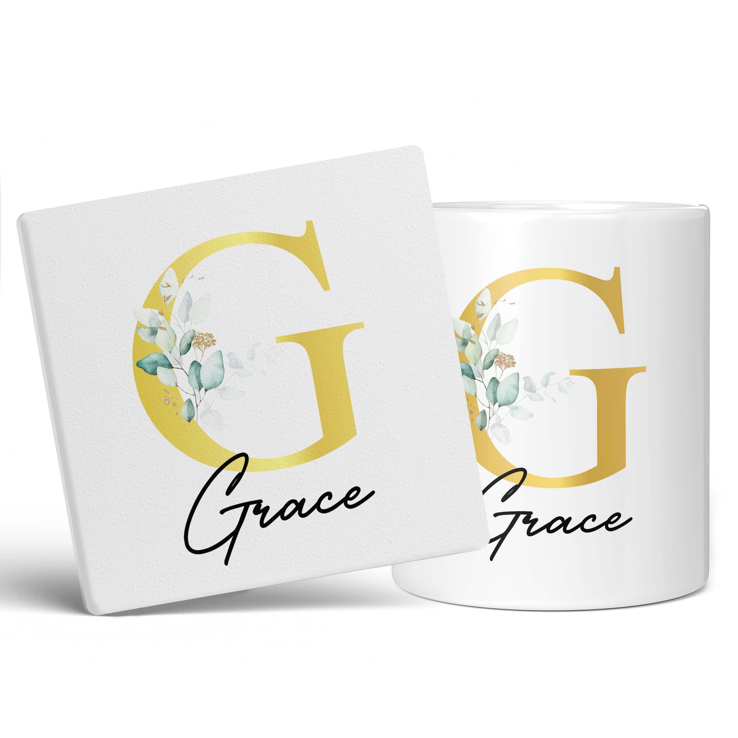 Personalised Letter G Floral Mug Initial with Name, Customised Gift, Gold Effect Printed Letter, NOT Metallic - Ceramic Coffee Cup for Men or Women, Extra Large and Giant Mug, 11oz White Cup & Coaster — image 1
