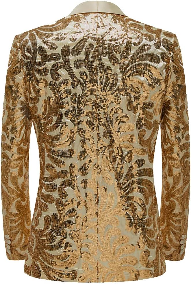 Men Stylish Satin Face Sequins Floral Pattern Suit Jacket Blazer