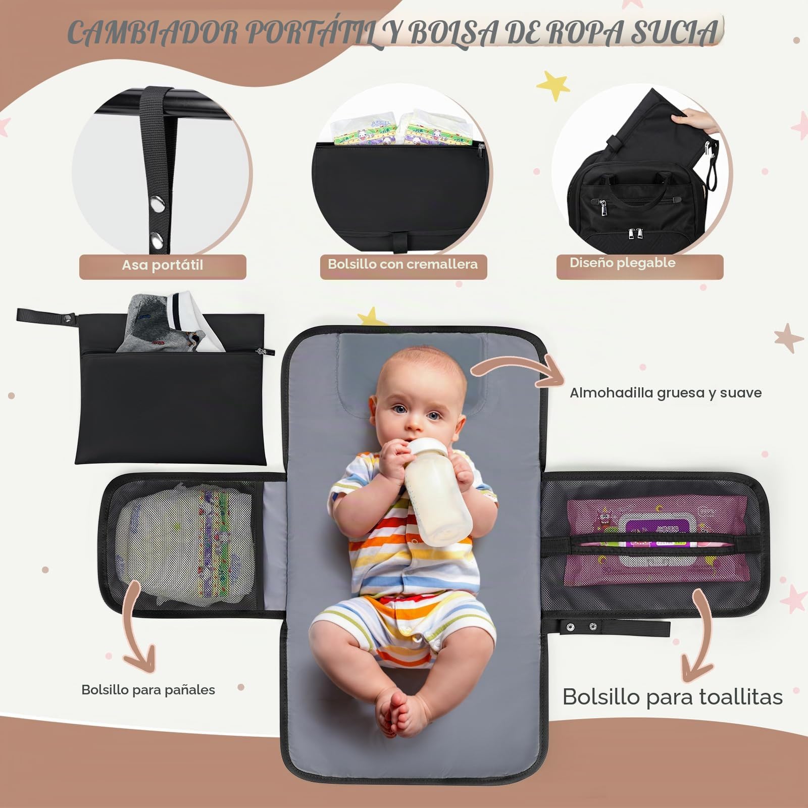 RAINSMORE Mochila Bebe Multifuncional Mochila Carro Bebe Pañaleras para Bebes con Cambiador Portátil y Correas para el Cochecito Grande Mochila Maternidad Negro