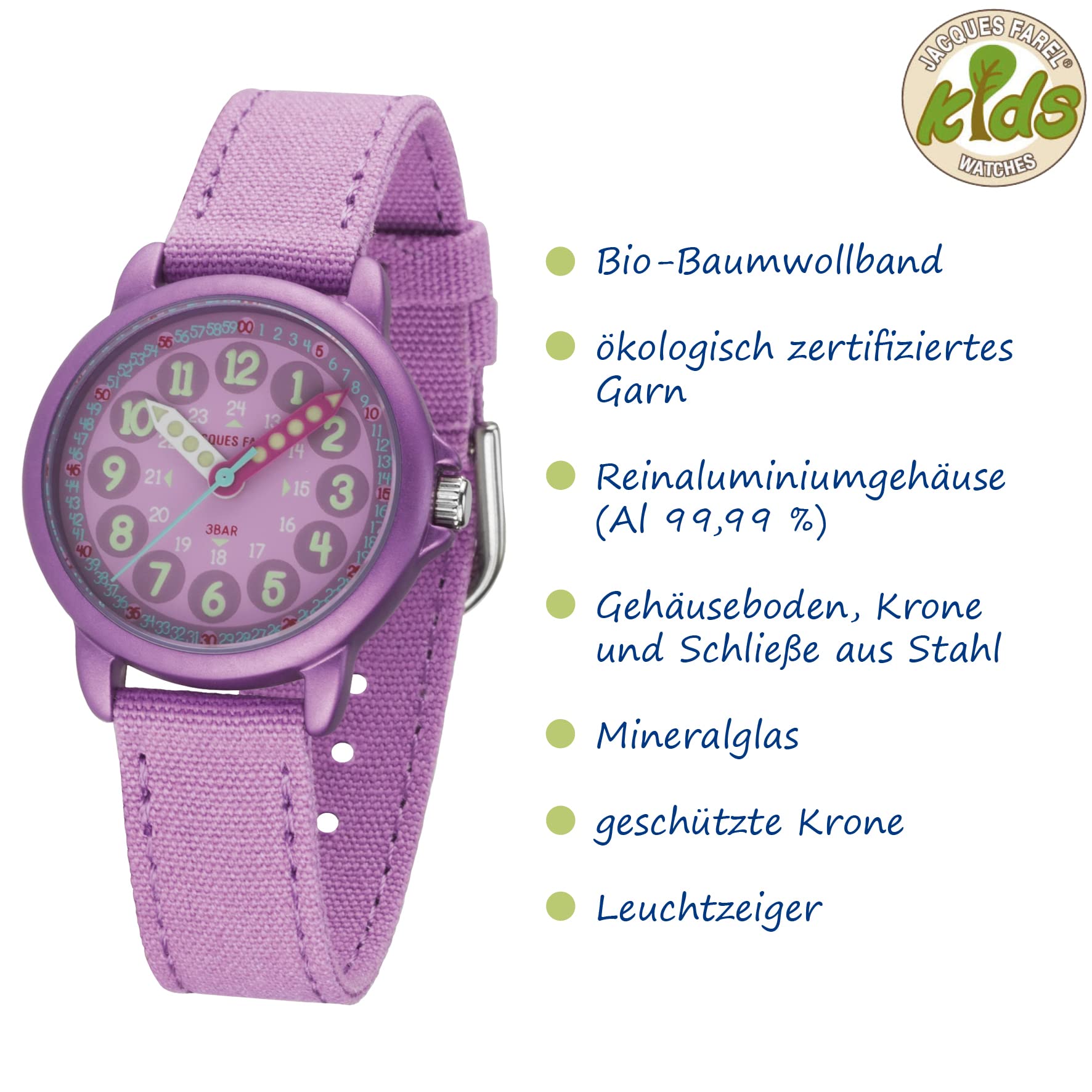 Jacques FAREL Lernuhr Öko Kinderuhr Mädchen Armbanduhr Analog Quarz mit Textilarmband aus Bio-Baumwolle Lila Violett Nachhaltig ORGT 1112
