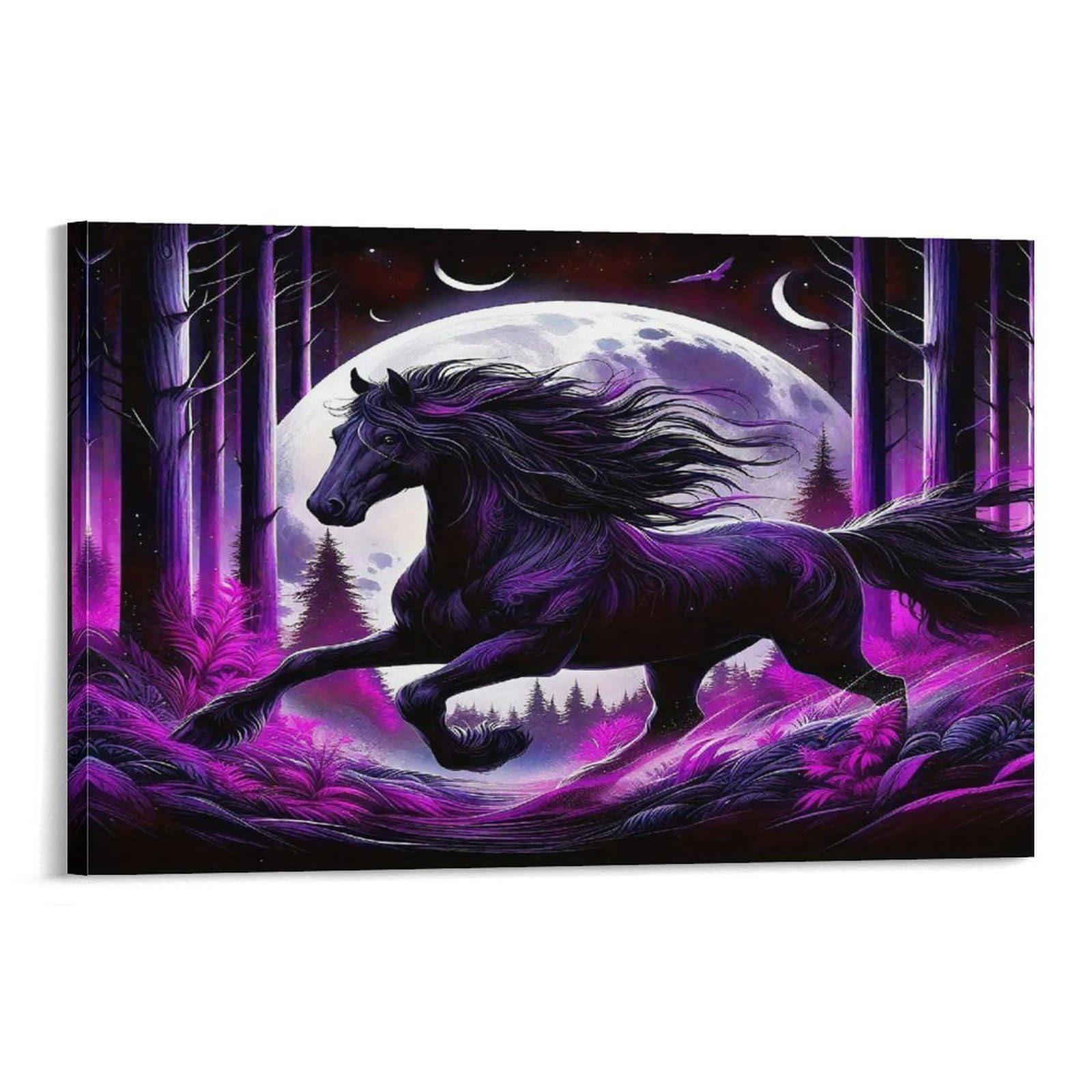 CPLVKWRQJ Six-Piece Fantasy Horse Art Set Individual Black Horse Runs Under Purple Moon Woods Canvas Wall Art - Office Canvas Print Fade Resistant Wall Focal Art Ready to Hang 16x24inch(40x60cm)