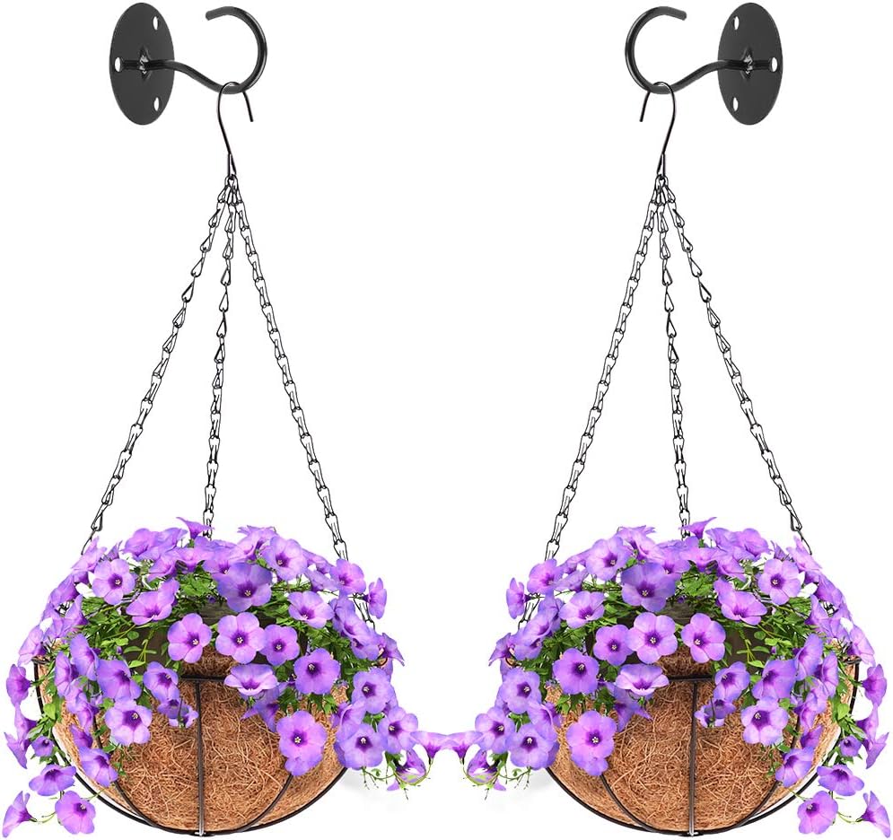 Moutik Hanging Planter Set with Wall Plant Hanger Hooks,Round Plant Pot Hanging Flower Basket -Iron Bird Feeder Lantern Planters Indoor Outdoor Decor, Coconut Coir Husk Flower Pot 2 Pack 10 inch
