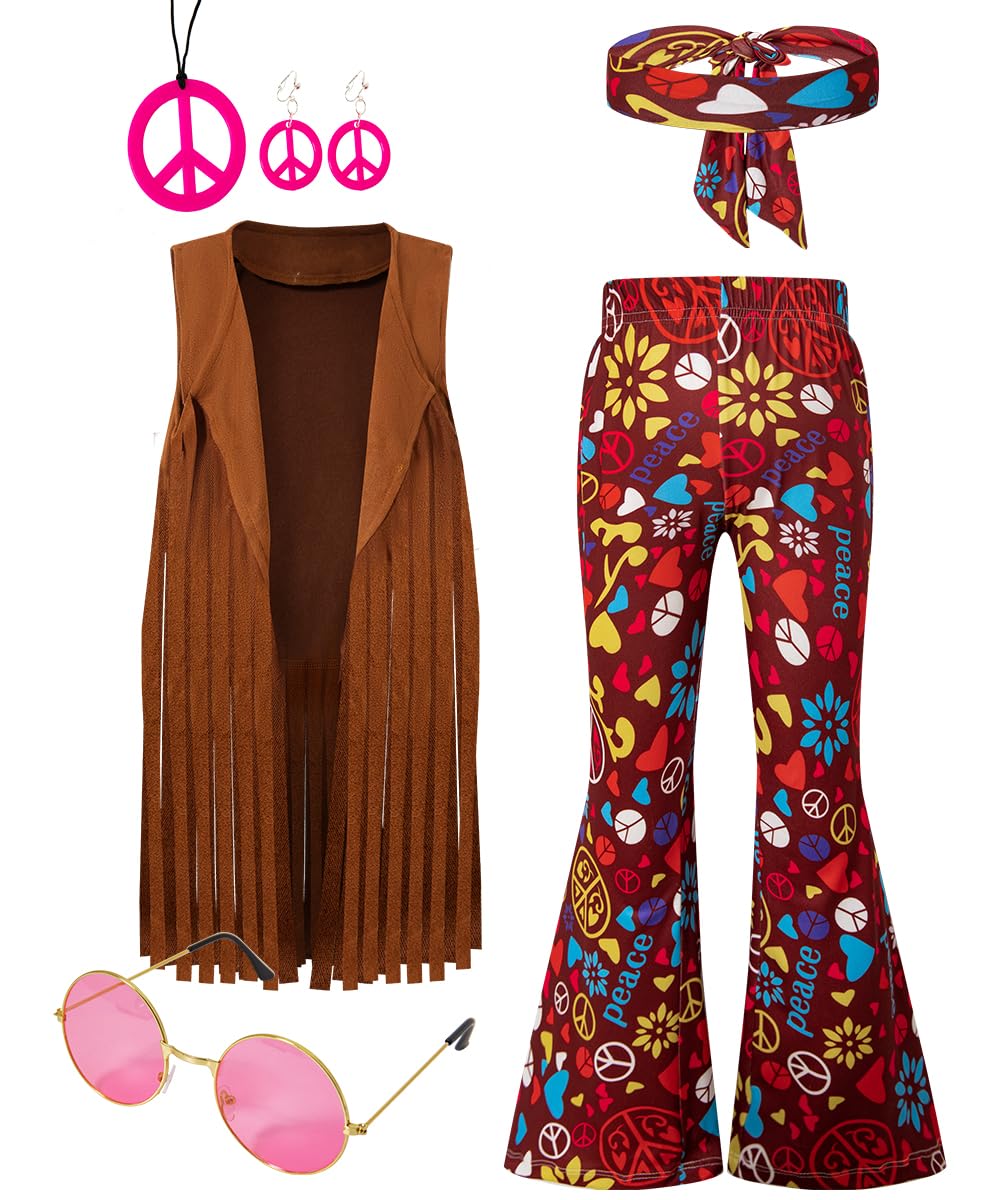 LENSOUS Girls Kids 60s 70s Hippie Costume Pants Set Outfits Fringe Vest Peace Flared Pants Accessories Set