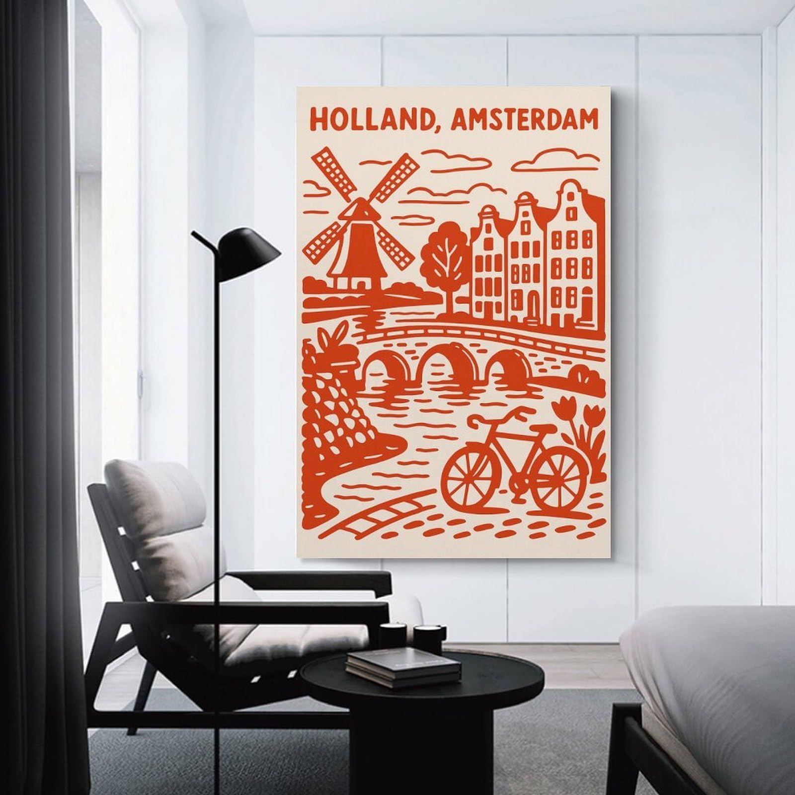 Junmoney Holland, Amsterdam Illustration Canvas Wall Art, 24x36inch(60x90cm), for Living Room, Bedroom Or Apartment Walls, A Home Accent with Warm Character