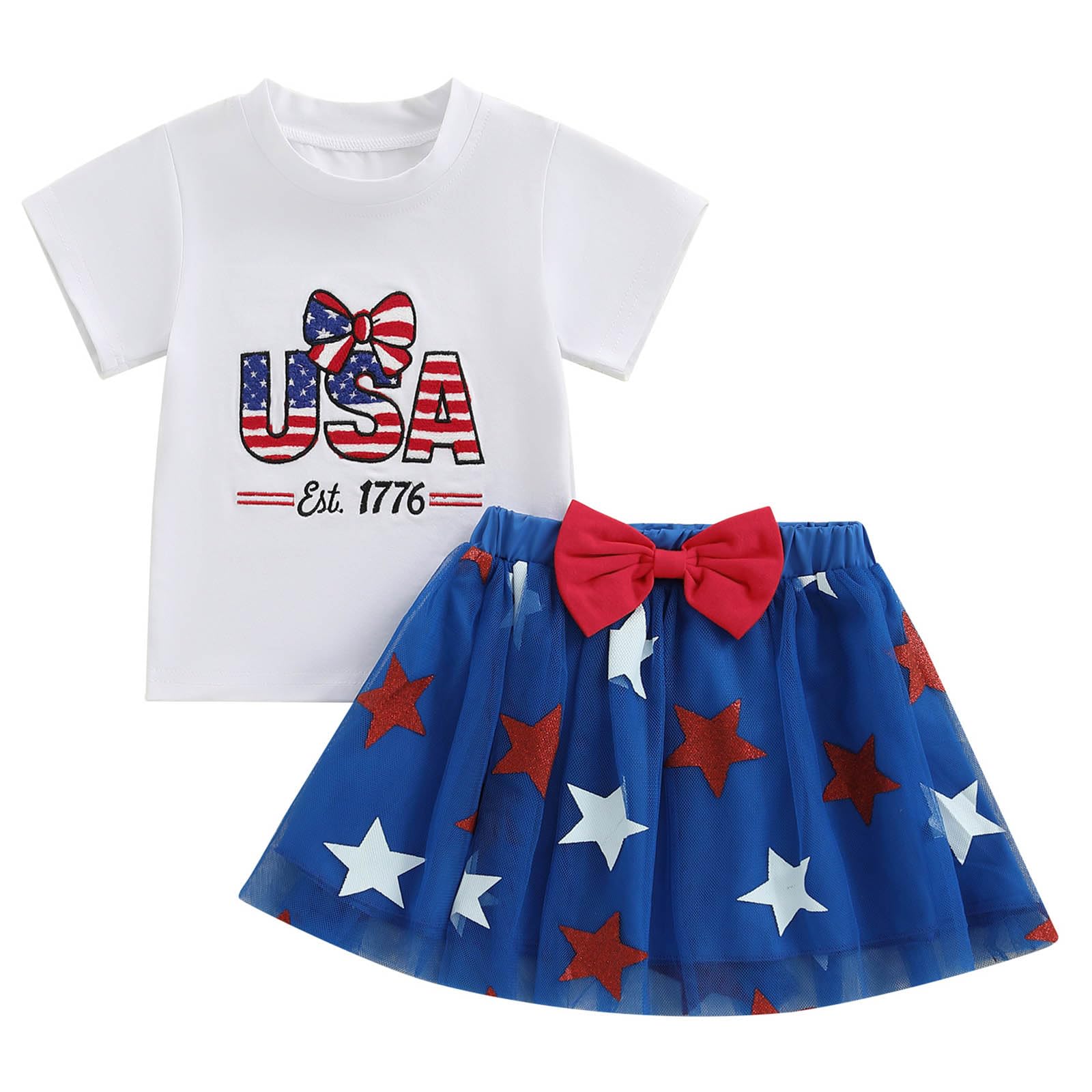 TheFound 4th of July Baby Outfit Toddler Ice Cream Print Short Sleeve T-Shirt Top Elastic Mesh Skirt Set Toddler Baby Clothes (White USA, 3-4T)