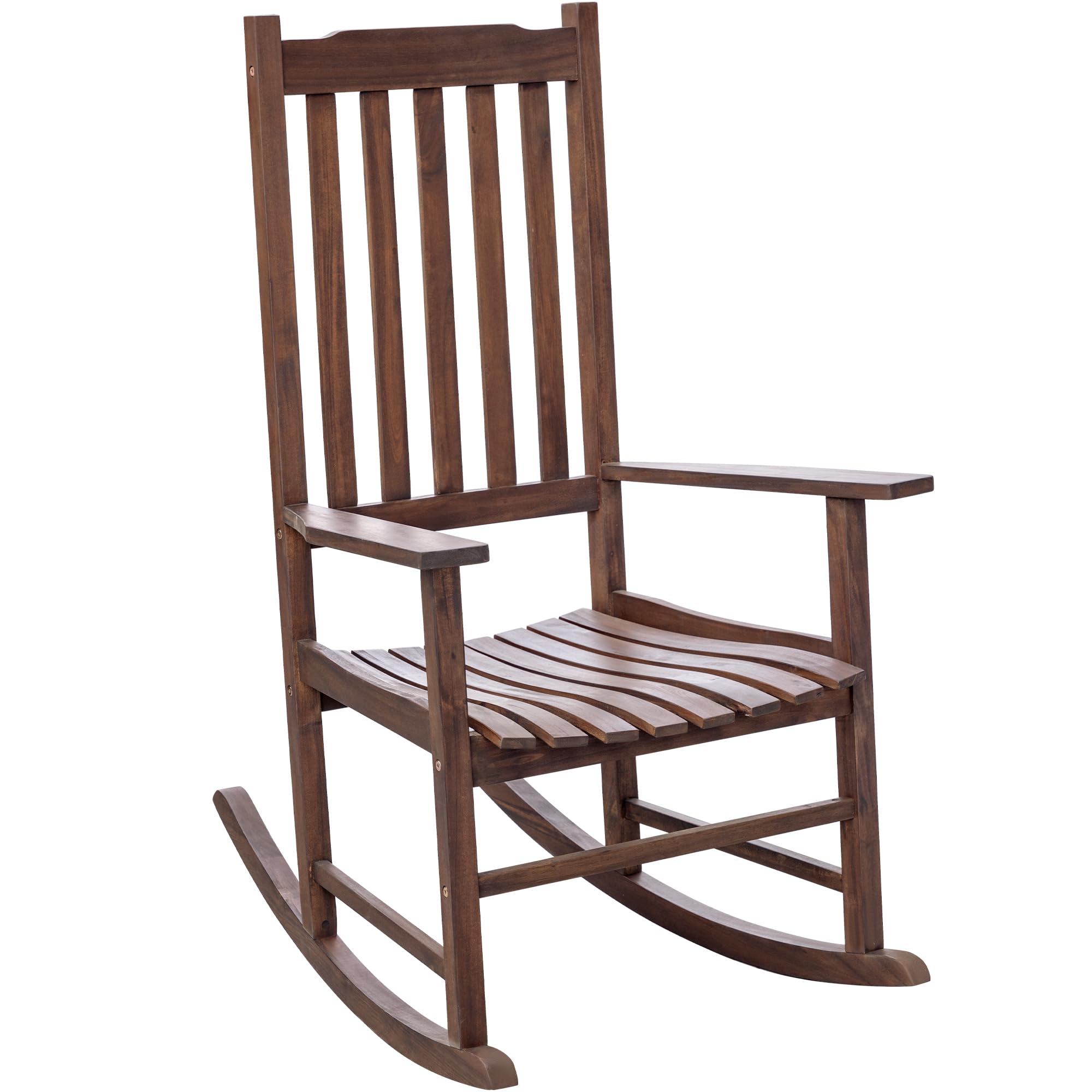 Flamaker Outdoor Rocking Chair Oversized Wooden Patio Chairs with Widened Armrest High Back Porch Rocker for Lawn, Garden, Backyard, Fire Pit (Brown)