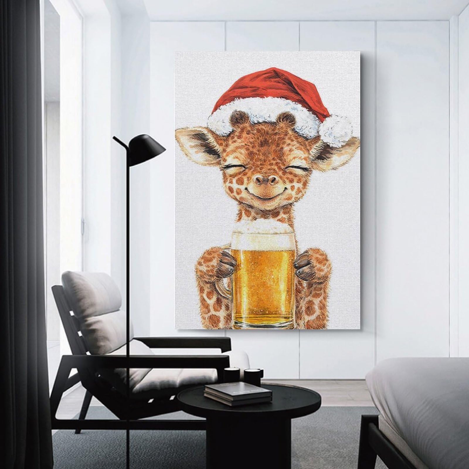 Junmoney Unframe-Style-2-1 Decorative Wall Artwork Cute Giraffe In Santa Hat With Beer, 08X12inch(20X30cm), For Lounge, Bedroom Or Personal Spaces, Thoughtful Wall Decor For Art Lovers