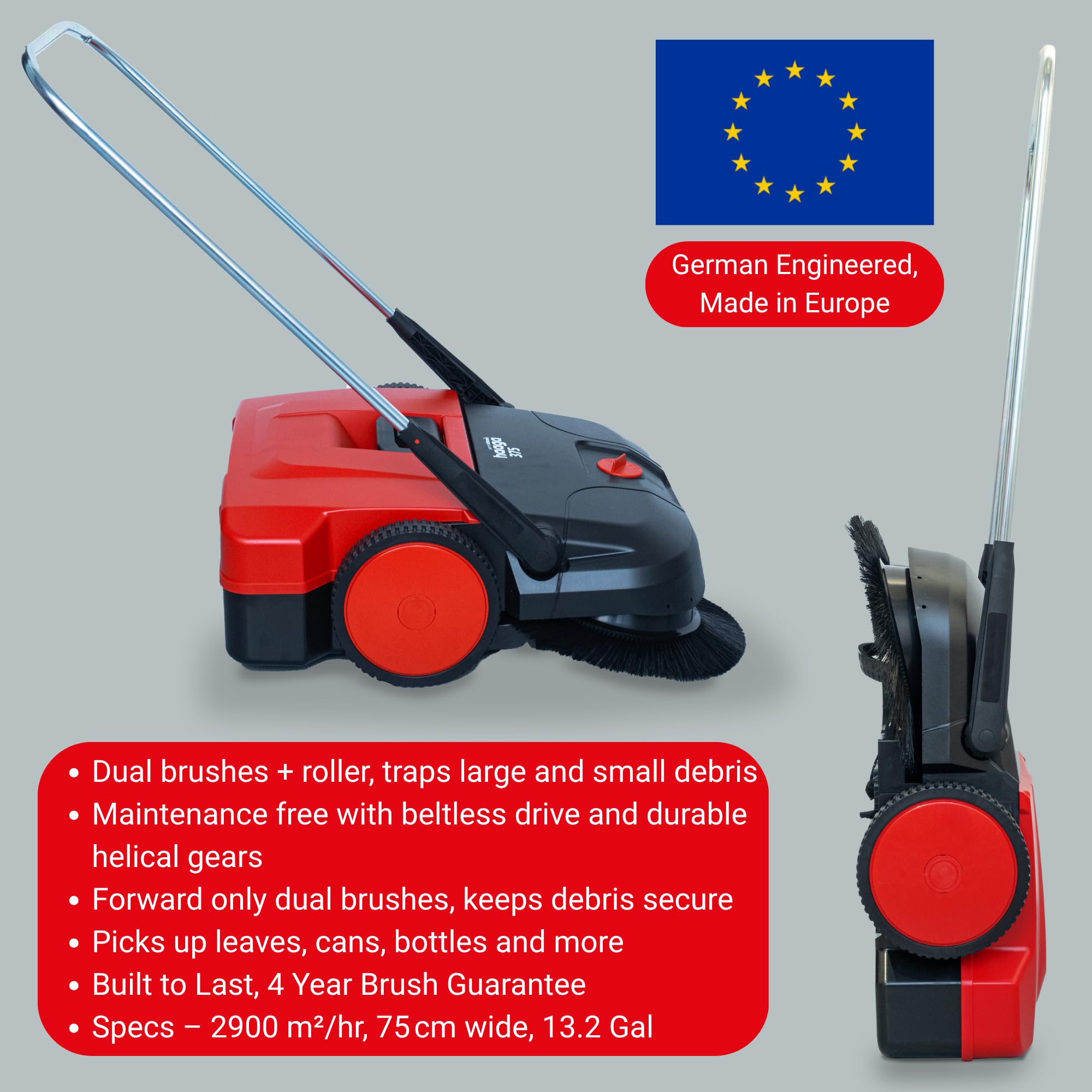 Haaga 101040 - Spazzatrice manuale 375 (ritorna foglie secche e bagnate, funzionamento senza cinghie, peso ridotto, potenza di spazzatura: 2900 m²/h)