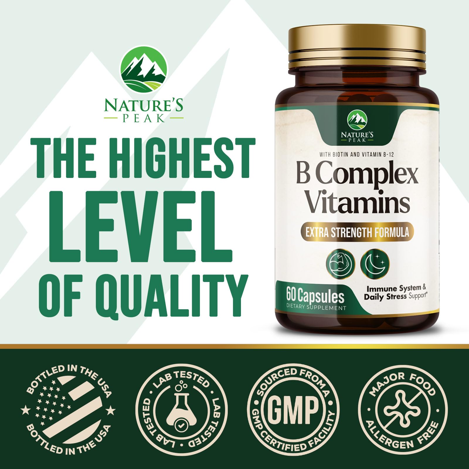 B Complex Vitamin - Super B Vitamins with Vitamin C & Folic Acid for Cellular Energy & Immune Support - Vitamin B Supplement With B1, B2, B3, B6 & B12 for Women & Men, Bottled in USA - 60 Capsules — Amazon image 4