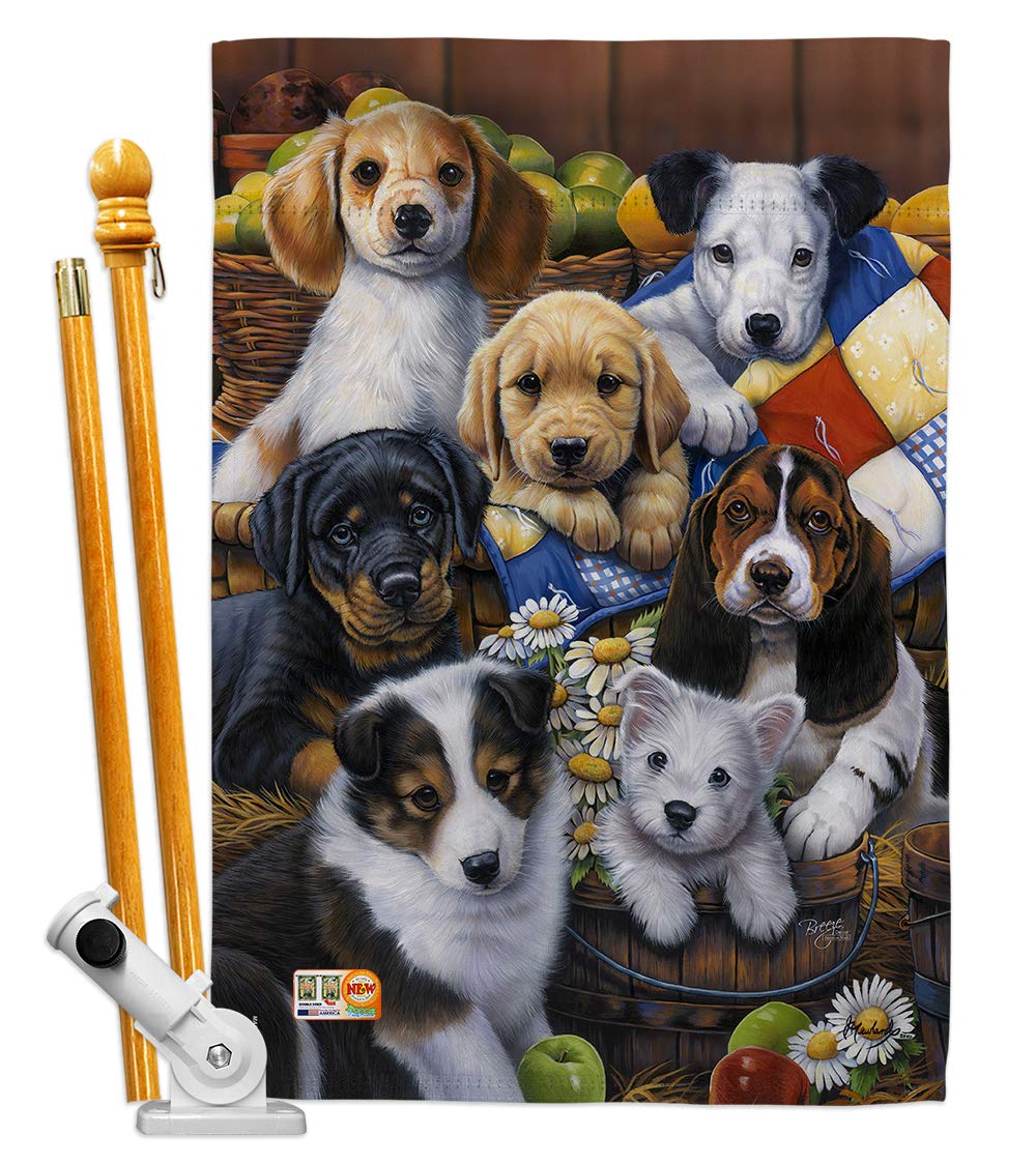 Breeze Decor HS110049-BO Country Bumpkin Puppies Nature Pets Decorative Vertical House Flag Set, 28"x 40" w/Flagpole, Multi-Color