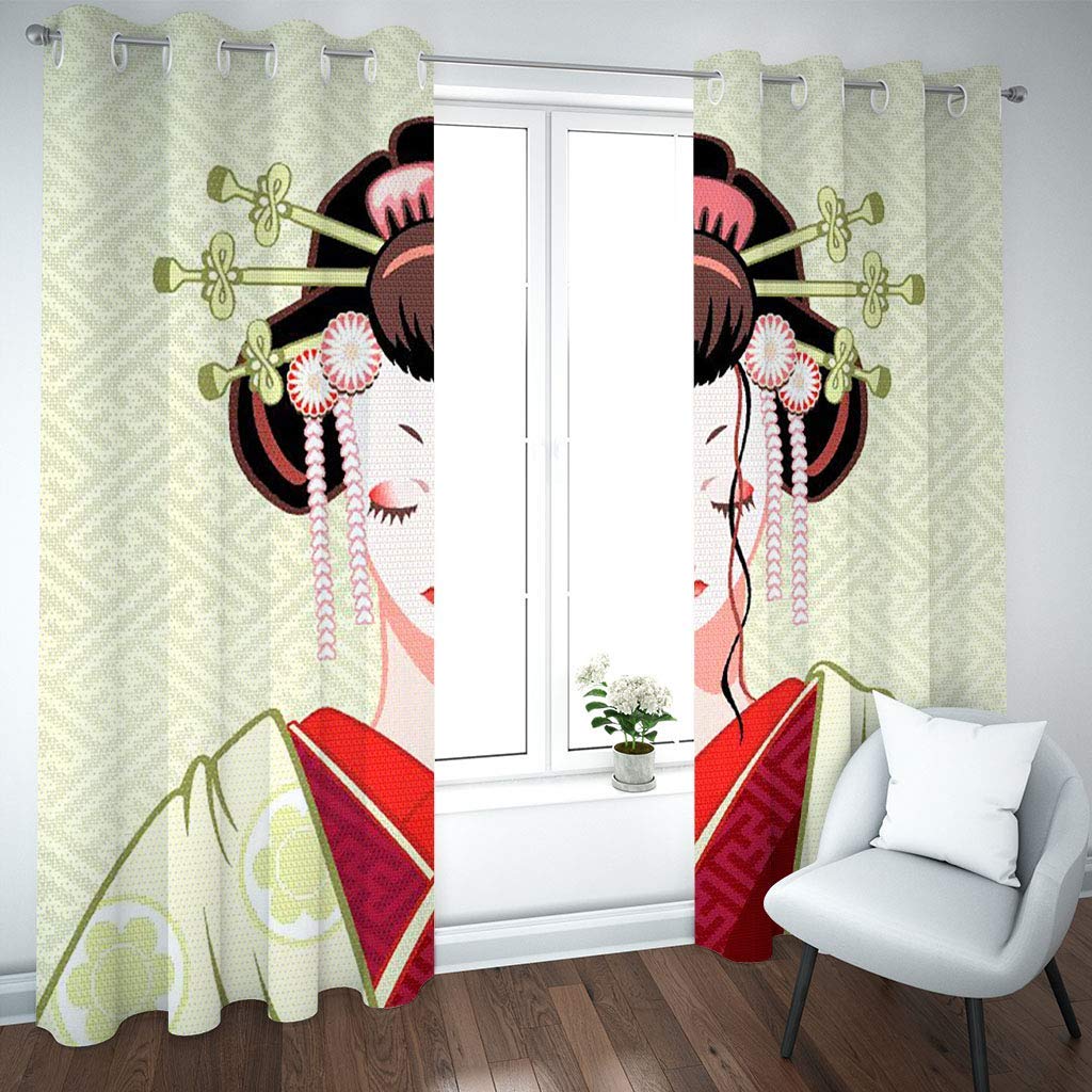 OUSIKA Cortinas Dormitorio Juvenil 3D Retrato De Una Mujer Japonesa Salon Modernas 2 Piezas Cocina Cortinas para Comedor 180x250Cm Opacas con Ojales, Termica Aislante, Infantiles Cortina