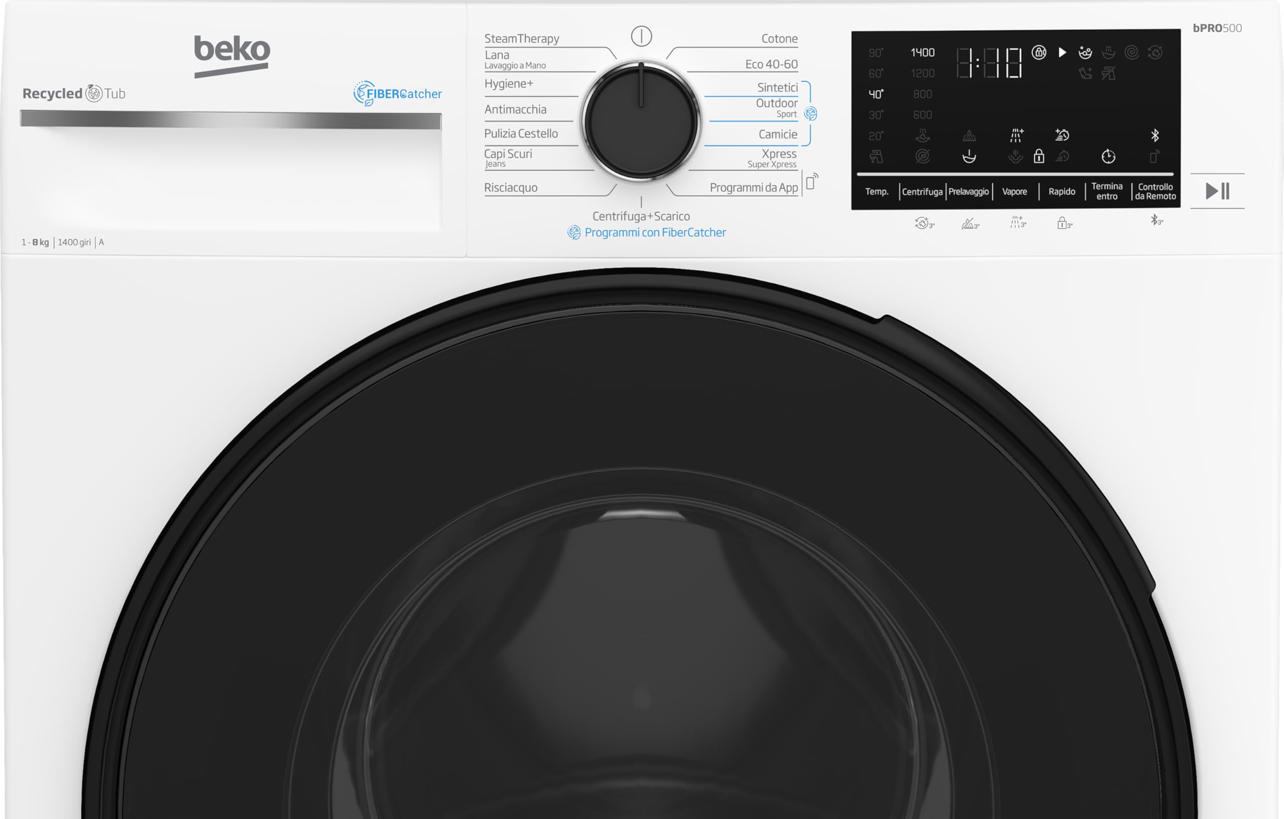 Beko - BWT584BF -Lavatrice filtro microplastiche, 8kg, Cl A, 1400 giri, motore inverter, Display touch, oblò nero, funzione a vapore SteamCure™, vasca in plastica PET riciclata, Bluetooth