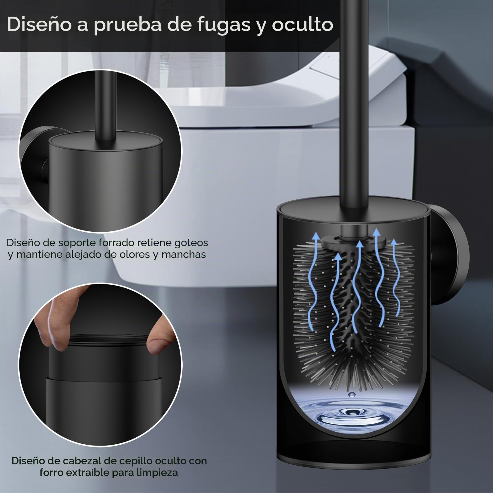 Escobilla de inodoro con montaje en pared, cepillo de WC de silicona y soporte, cepillo cuadrado de inodoro de acero inoxidable 304 Incluye 2 cabezales de cepillo (redondo negro)