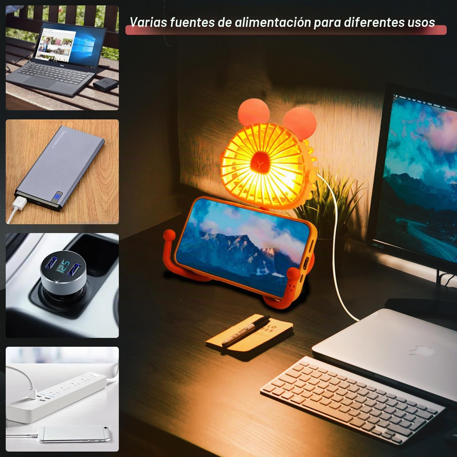 Ventilador de Cochecito con Orejas de Ratón, Ventilador Bebe con Trípode Flexible con luz LED, Ventilador USB Portátil, 360° Giratorio, Pilas Recargables, para Asiento de Coche Cuna Camping Oficina