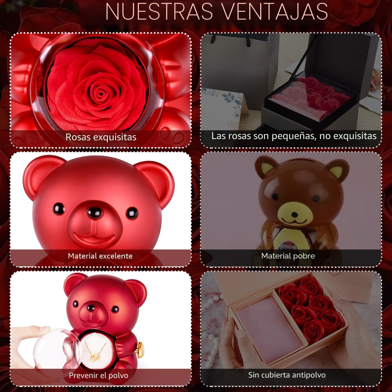 Oso Rosa Preservada con Collar de Corazón, Oso con Rosa Caja de Regalo, Regalo San Valentin Mujer, Regalo para Novia,Navidad Mujer, Cumpleaños