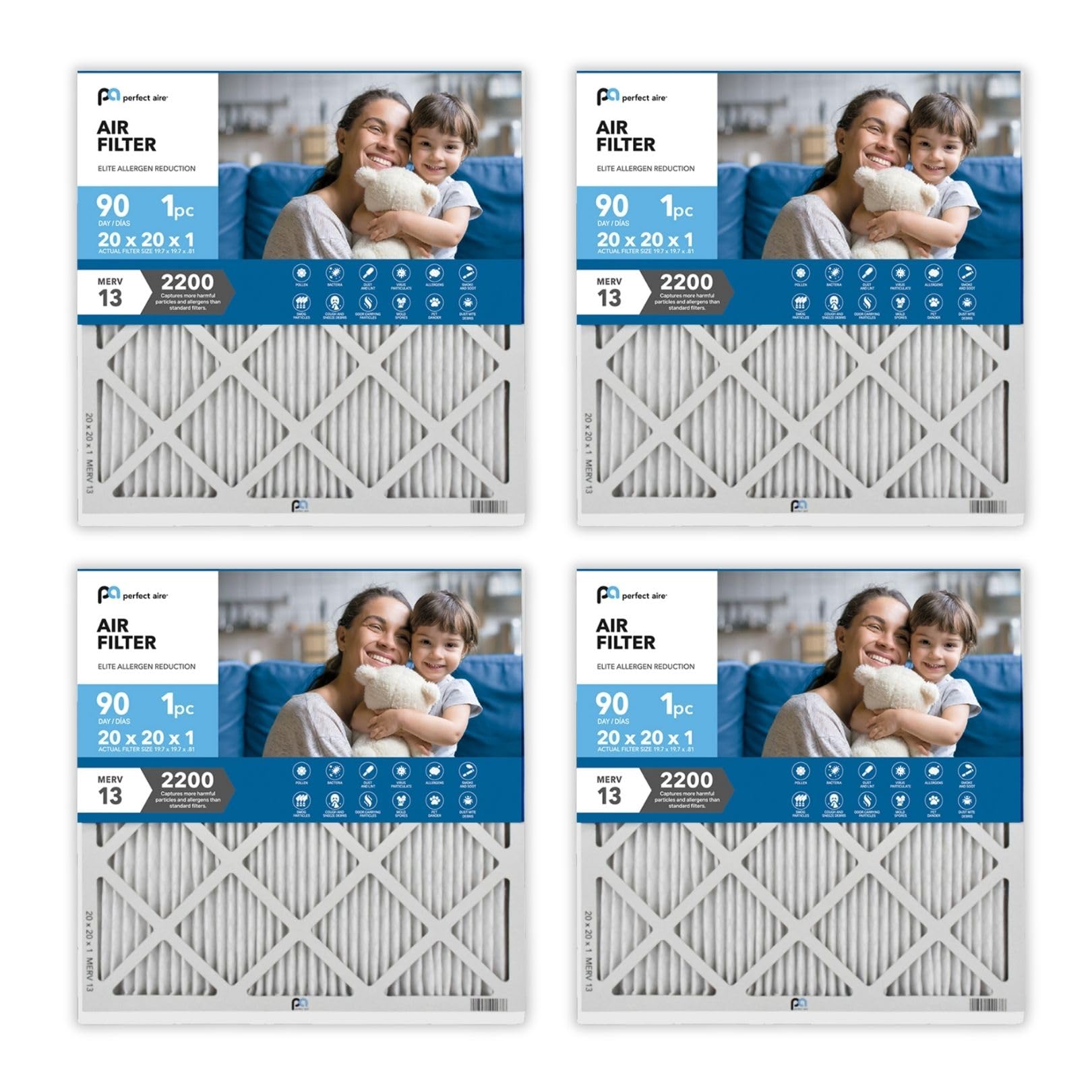 Perfect Aire Elite Air Filter Merv 13 - Electrostatically Charged Pleated Dual Airflow Hvac Filter - Lasts 90 Days (4 Pack, 20X20x1)